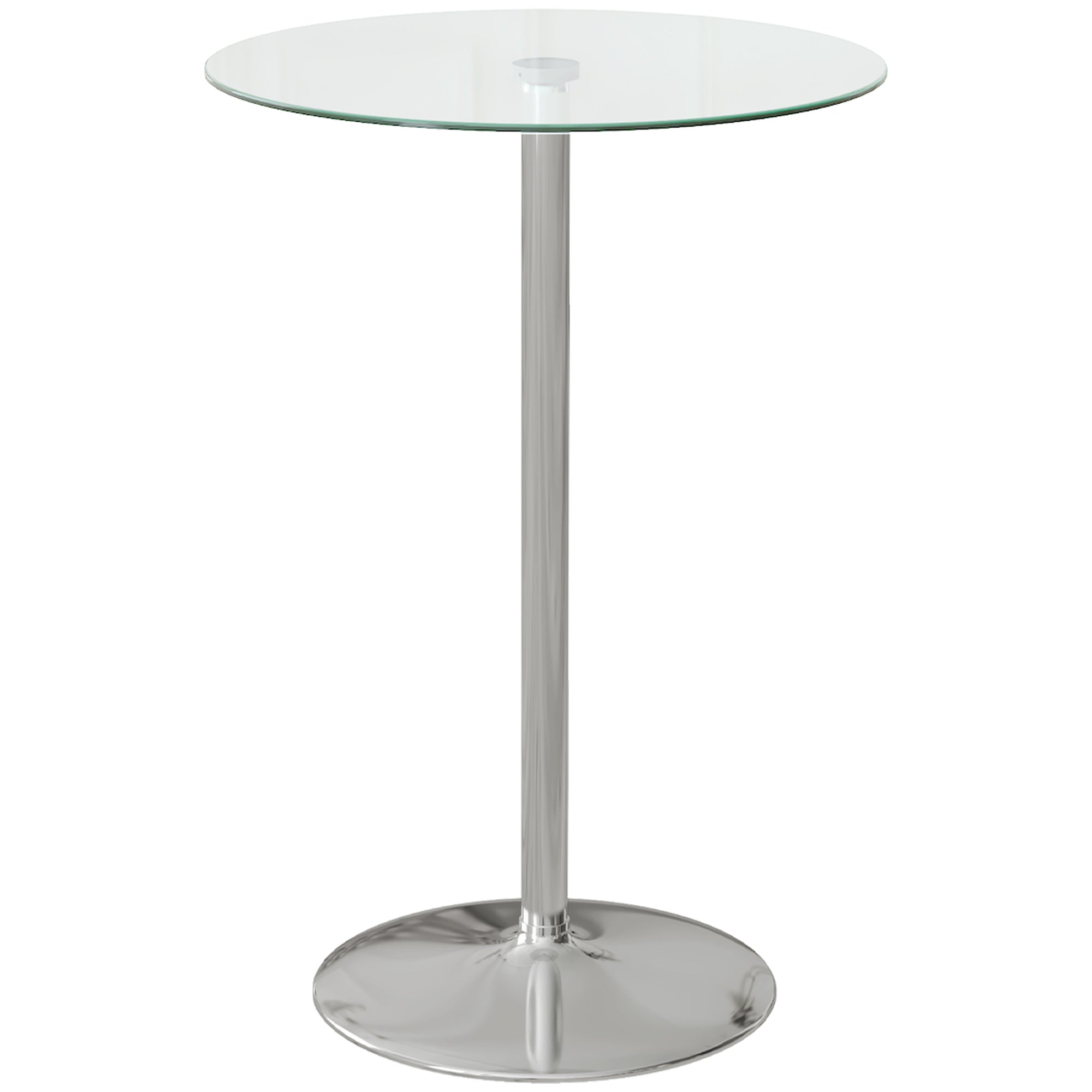 Modern Tall Bar Table, Round Kitchen Table for 2 People with Steel Base and Glass Top, Ø70x102cm, Transparent