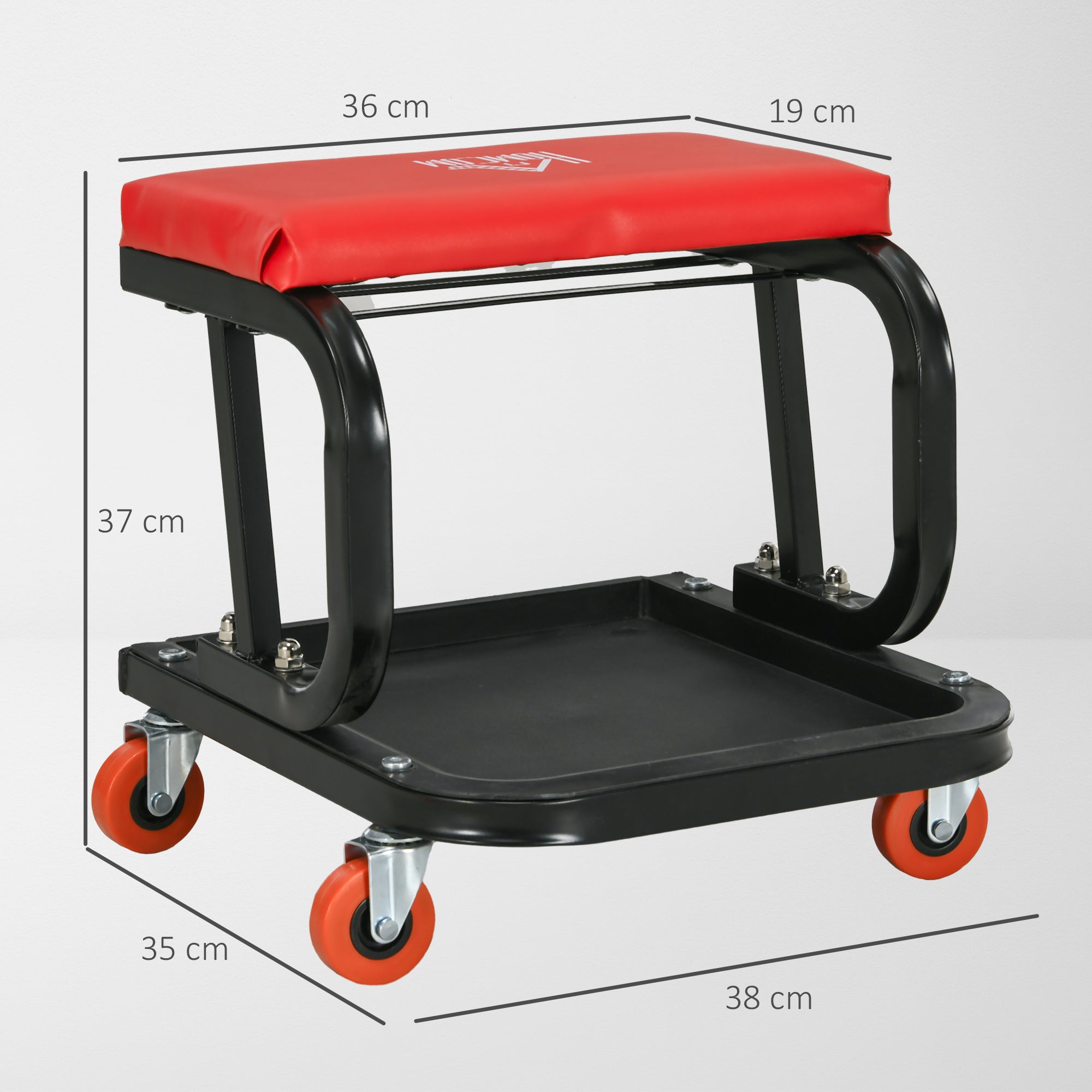 Workshop Stool with Wheels Tool Tray 37cm high Rolling Stool supports up to 100 kg Work Stool Rolling Seat for Workshop Red