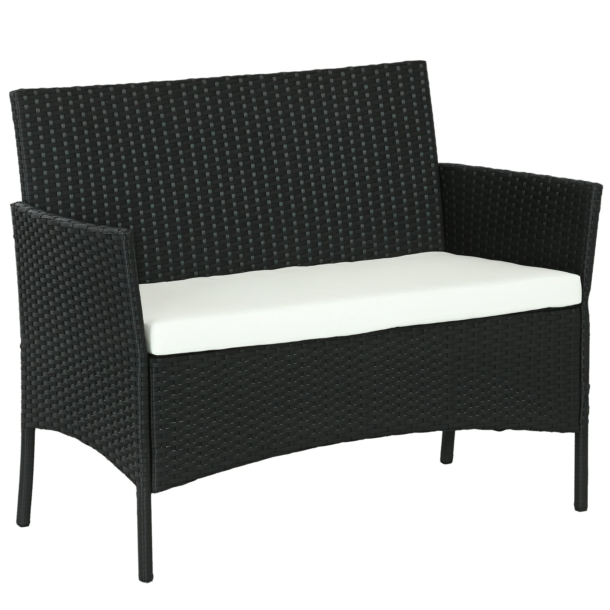 PE Rattan and Steel Outdoor Garden Sofa, 2-Seater with Cushion and Armrests, 100x54x80cm, Black