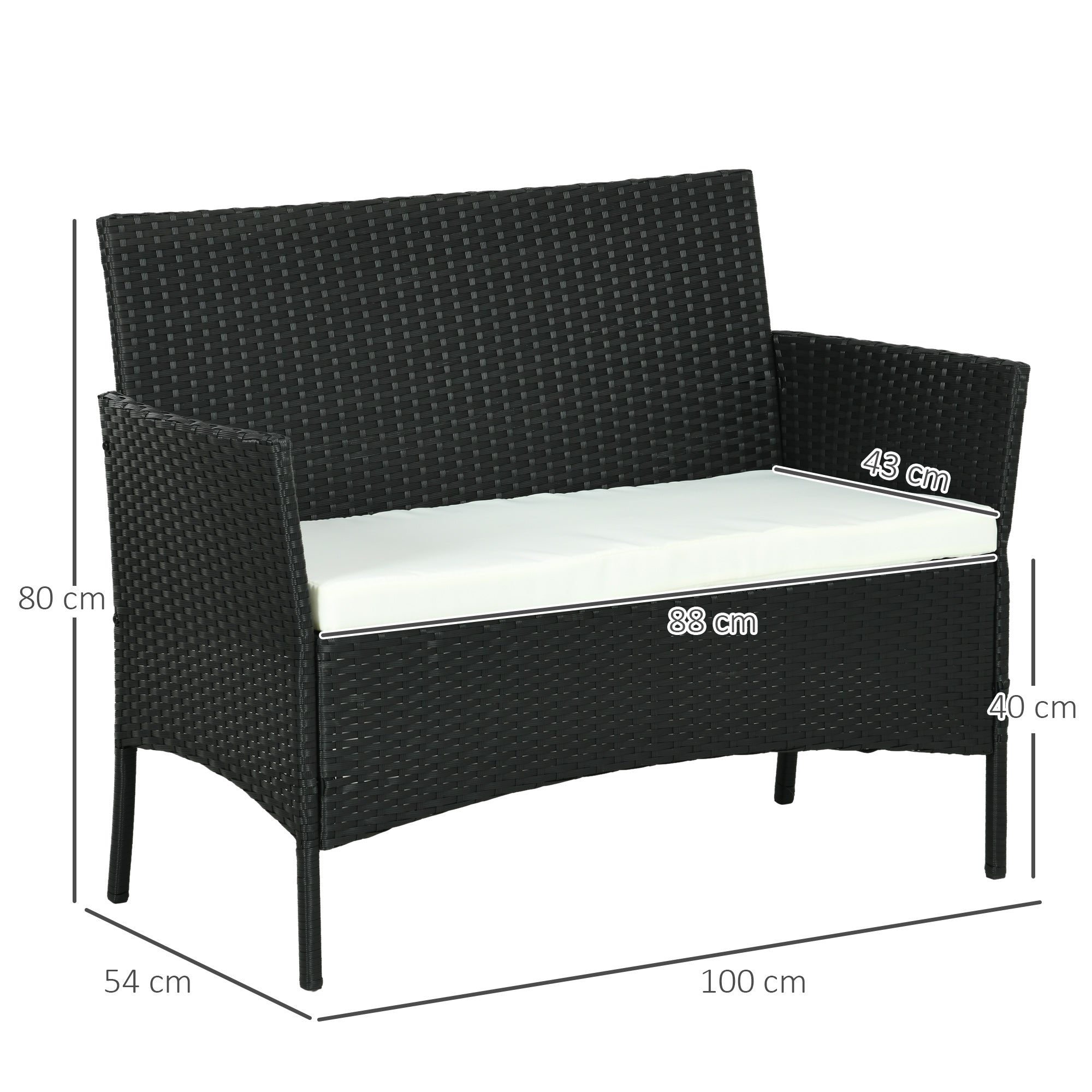 PE Rattan and Steel Outdoor Garden Sofa, 2-Seater with Cushion and Armrests, 100x54x80cm, Black