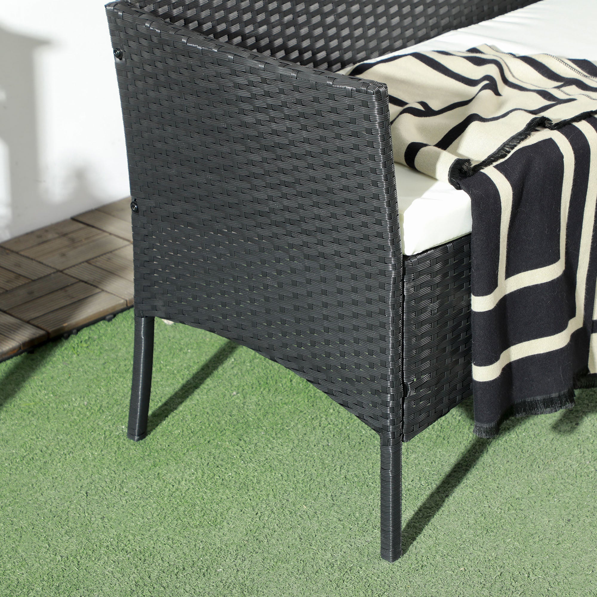 PE Rattan and Steel Outdoor Garden Sofa, 2-Seater with Cushion and Armrests, 100x54x80cm, Black