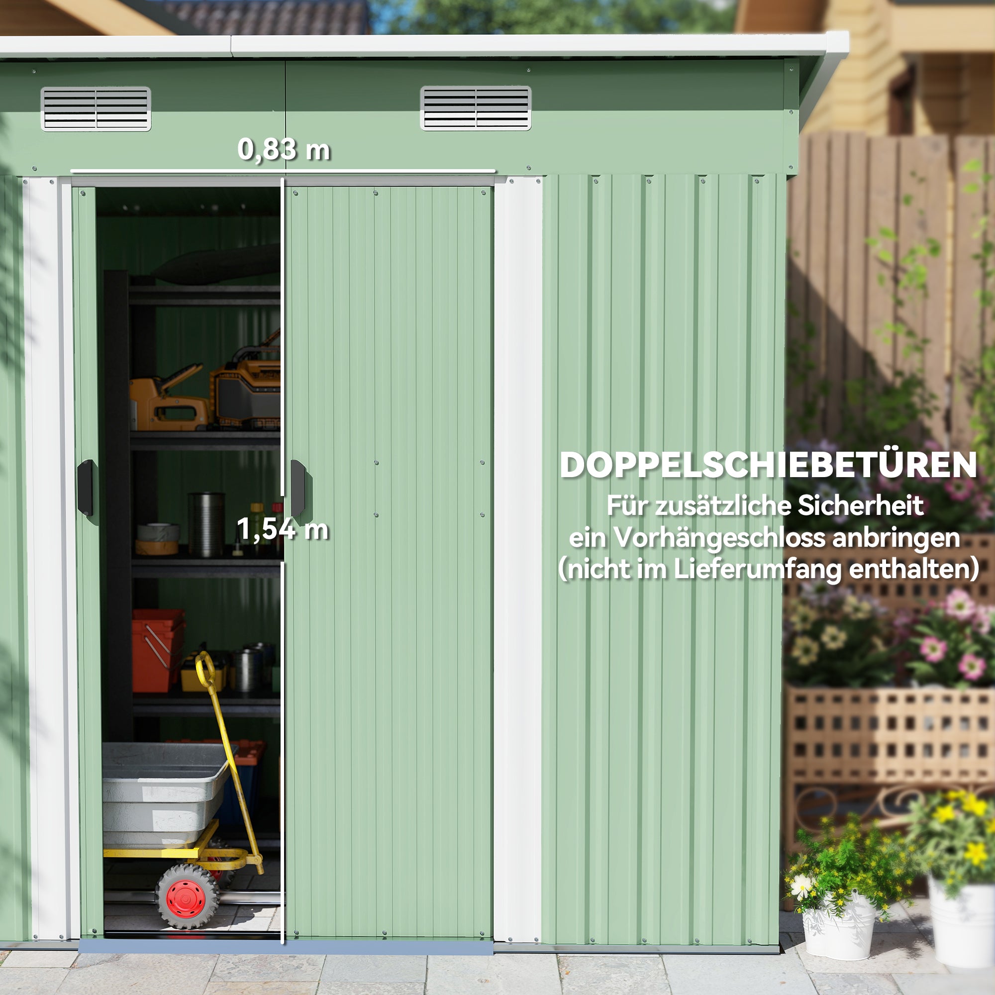 Metal Garden Shed 2.3m² 207 x 130 x 182 cm Tool Shed with Pent Roof Window Foundation Sliding Doors Weatherproof Garden Outdoor Shed for Backyard Green
