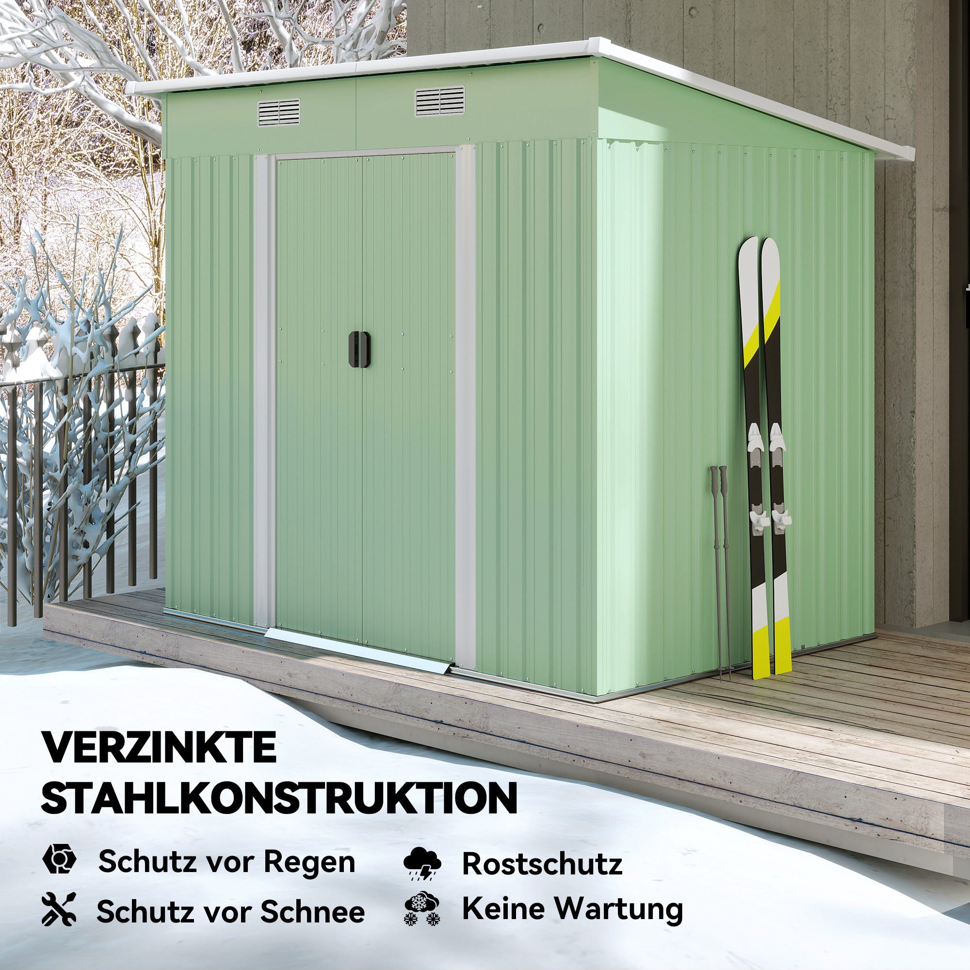 Metal Garden Shed 2.3m² 207 x 130 x 182 cm Tool Shed with Pent Roof Window Foundation Sliding Doors Weatherproof Garden Outdoor Shed for Backyard Green