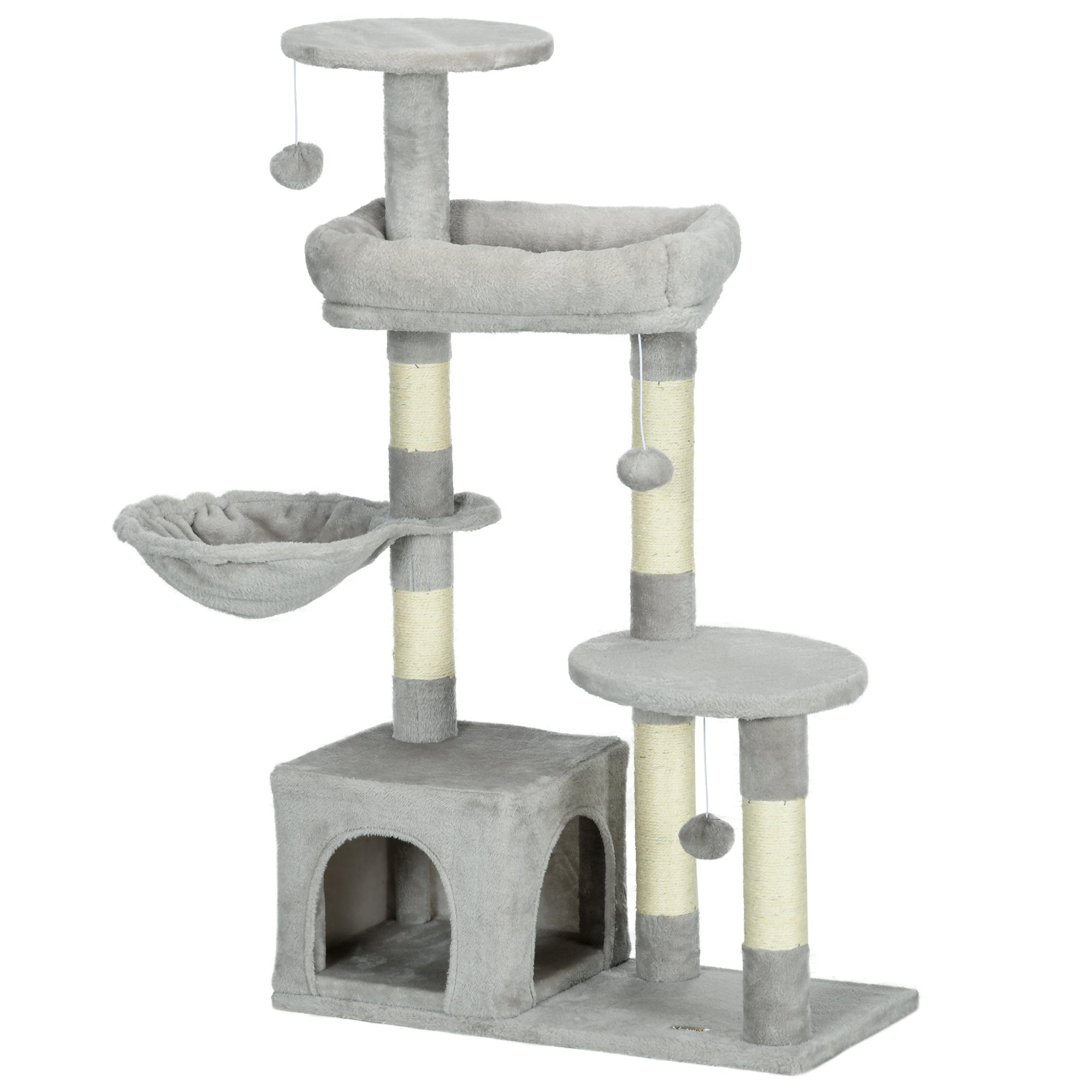 Cat Tree Climbing Scratching Post for Cat Height 104 cm Multi-Level Activity Center Reinforced Columns 3 Hanging Balls Light Grey