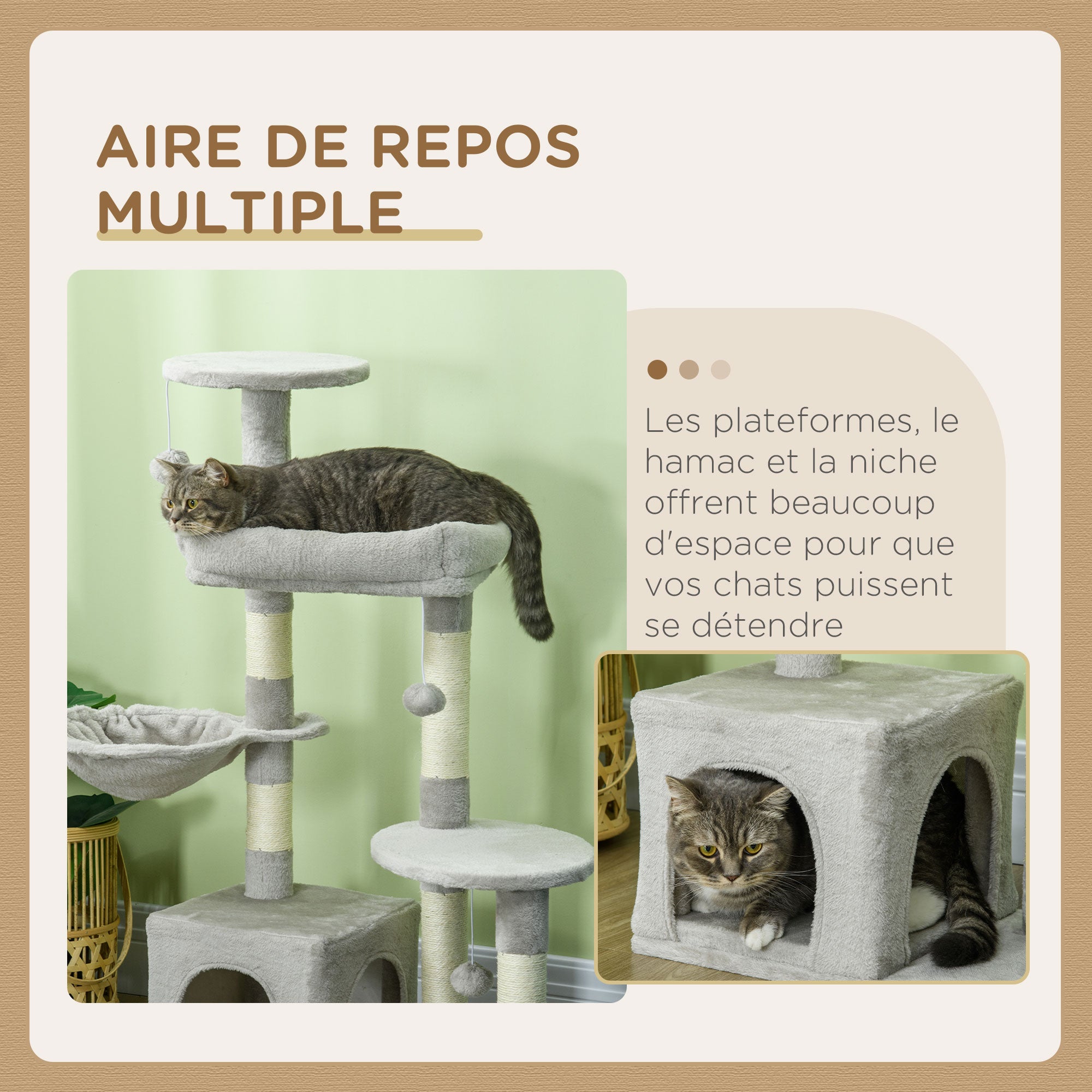 Cat Tree Climbing Scratching Post for Cat Height 104 cm Multi-Level Activity Center Reinforced Columns 3 Hanging Balls Light Grey
