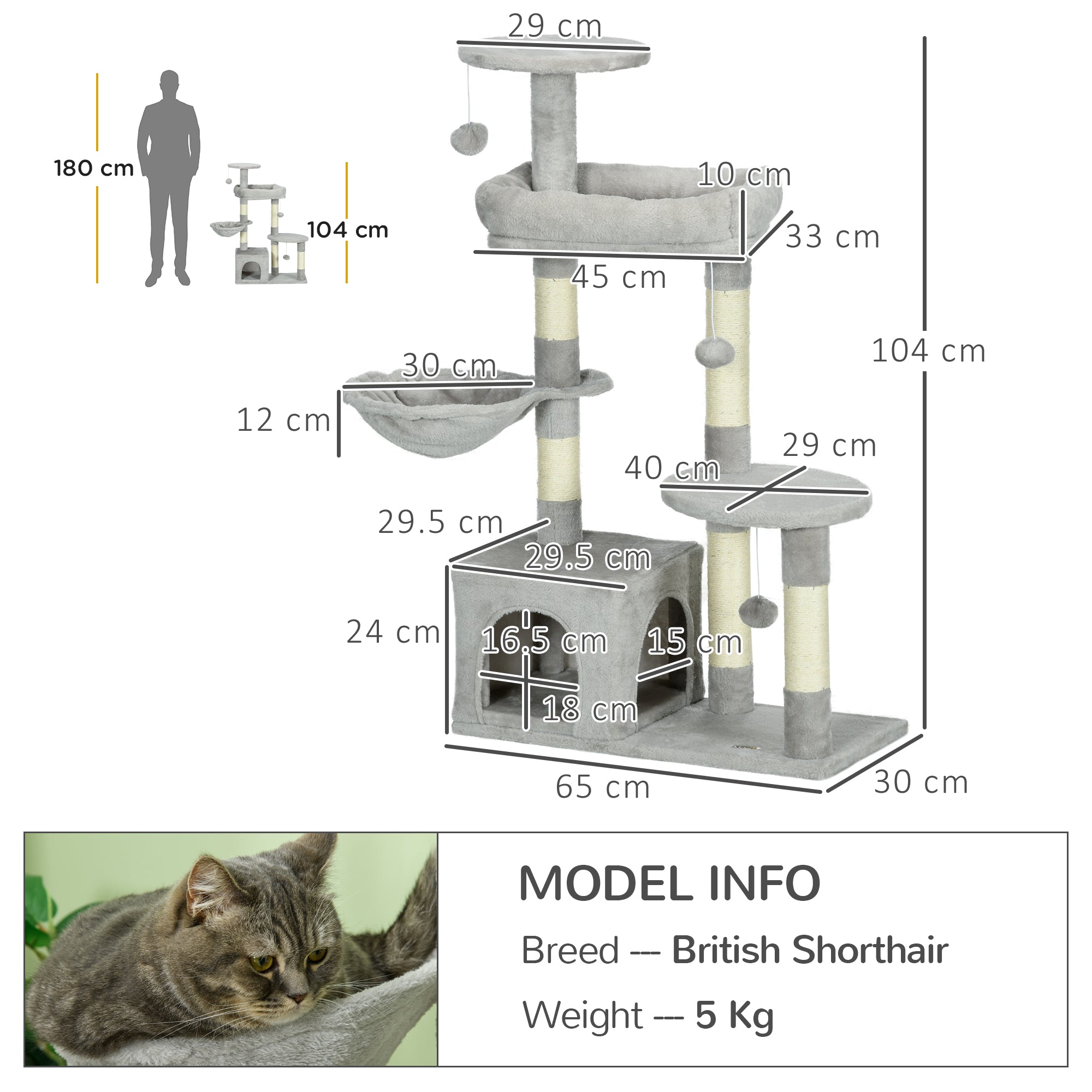 Cat Tree Climbing Scratching Post for Cat Height 104 cm Multi-Level Activity Center Reinforced Columns 3 Hanging Balls Light Grey