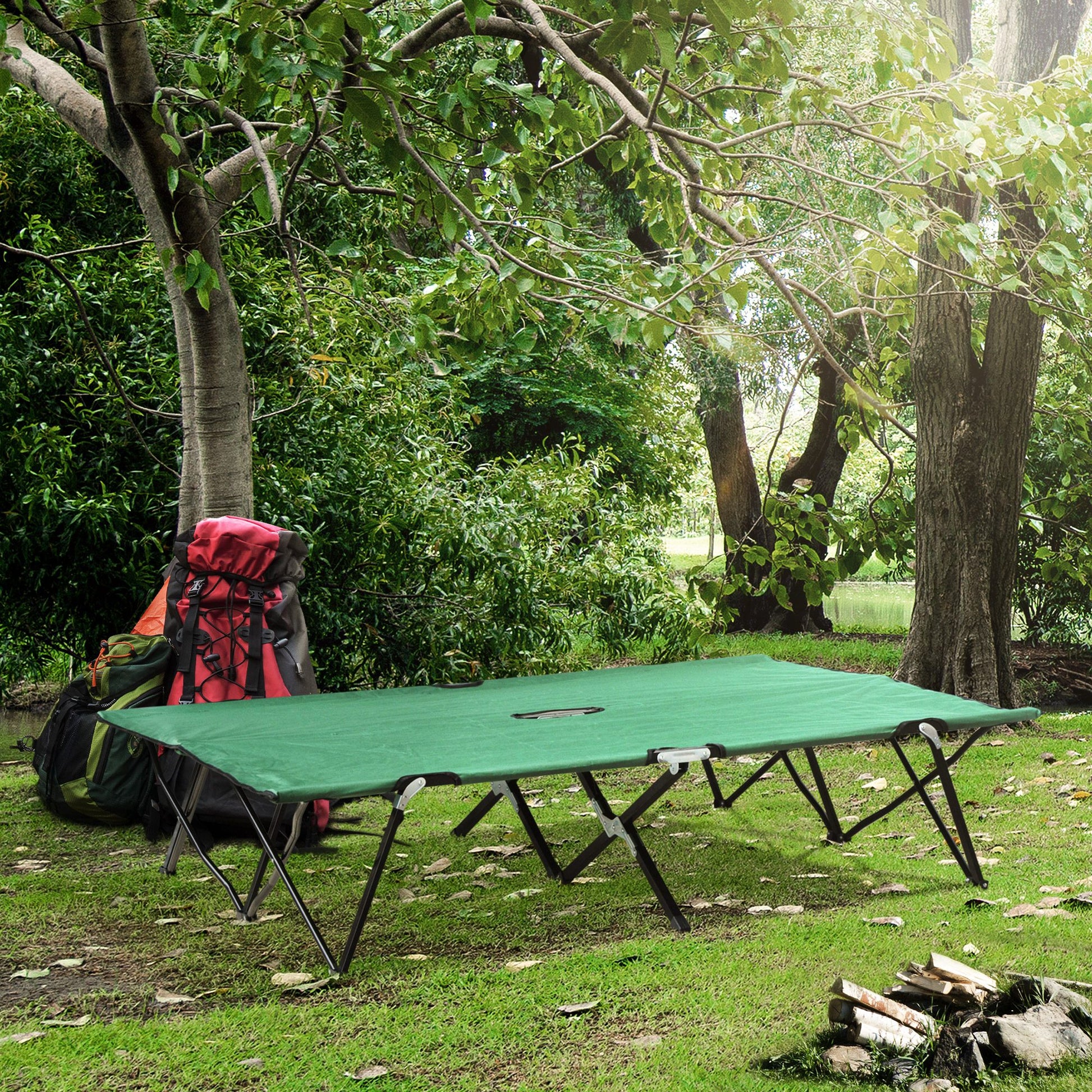 Folding Camping Bed for 2 People Camp Bed with Carry Bag Up to 136 kg Load Capacity Steel Oxford Green+Black 193 x 125 x 40 cm