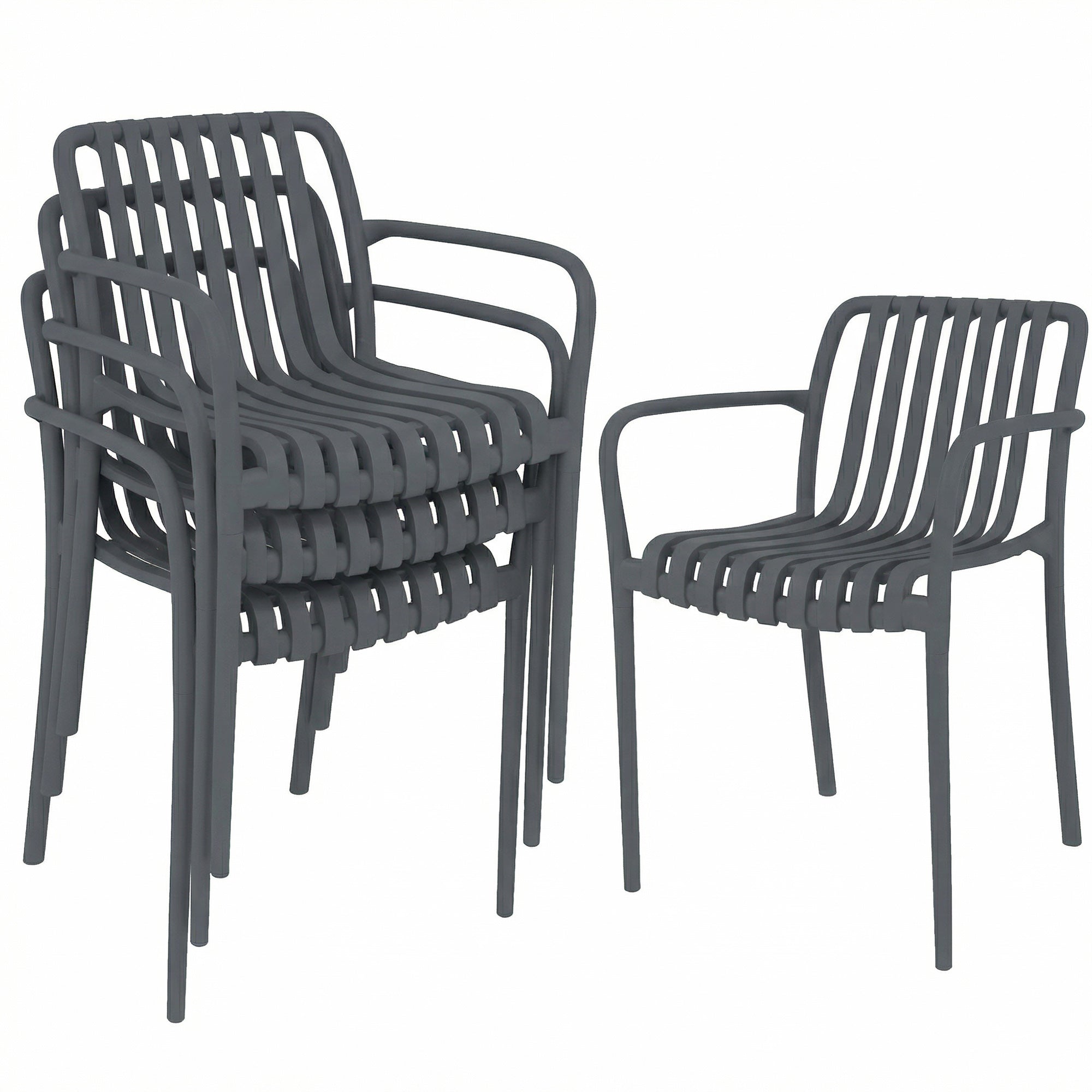 4-Piece Stackable Patio Chairs – Slatted Design with Armrests, Ergonomic Outdoor Dining Chairs for Garden & Balcony, 265 lb Capacity, Dark Gray