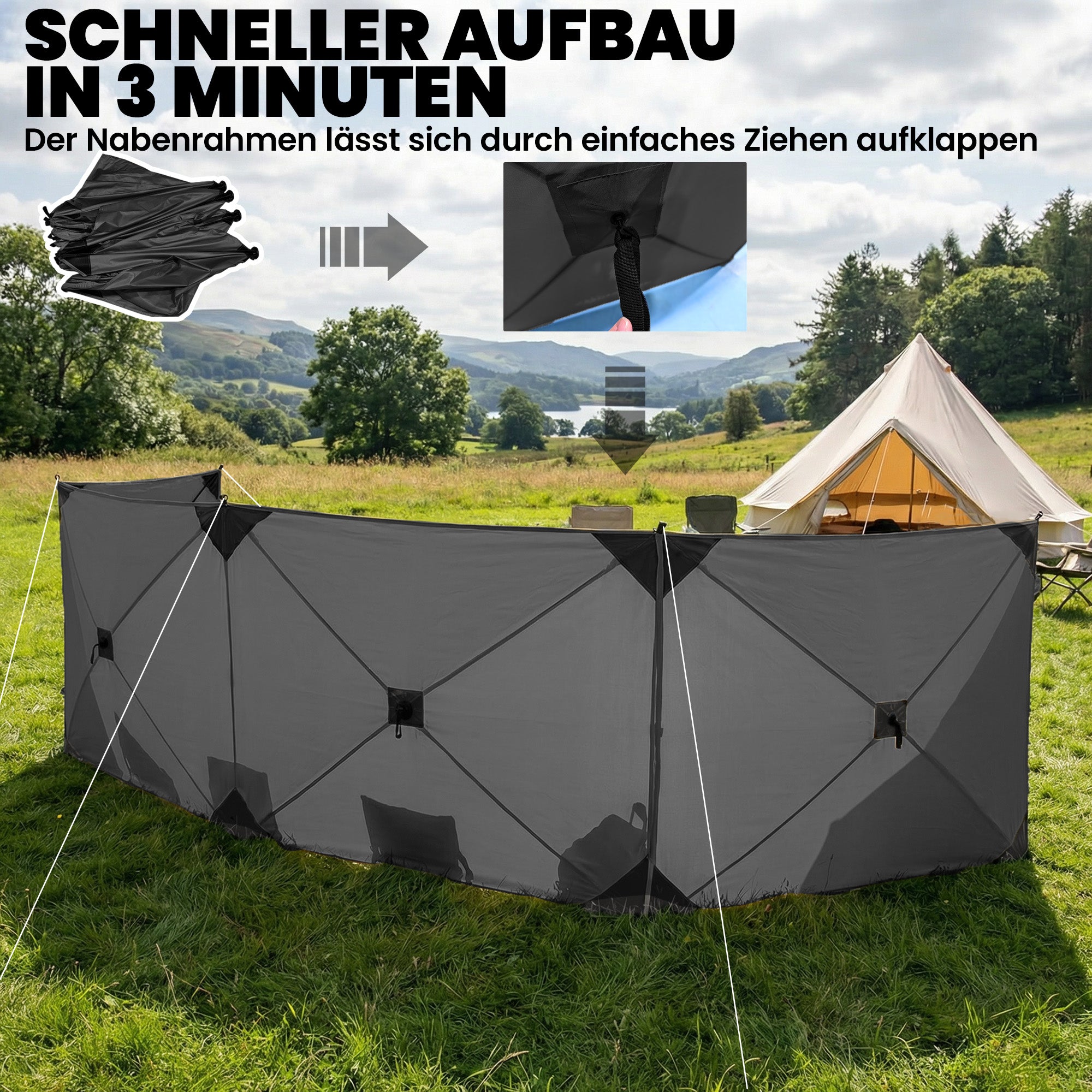 Foldable Windbreak – Camping Privacy Screen with Guy Ropes, Ground Pegs & Carry Bag, 480 x 120 cm (15 ft 9 in x 3 ft 11 in), Dark Gray