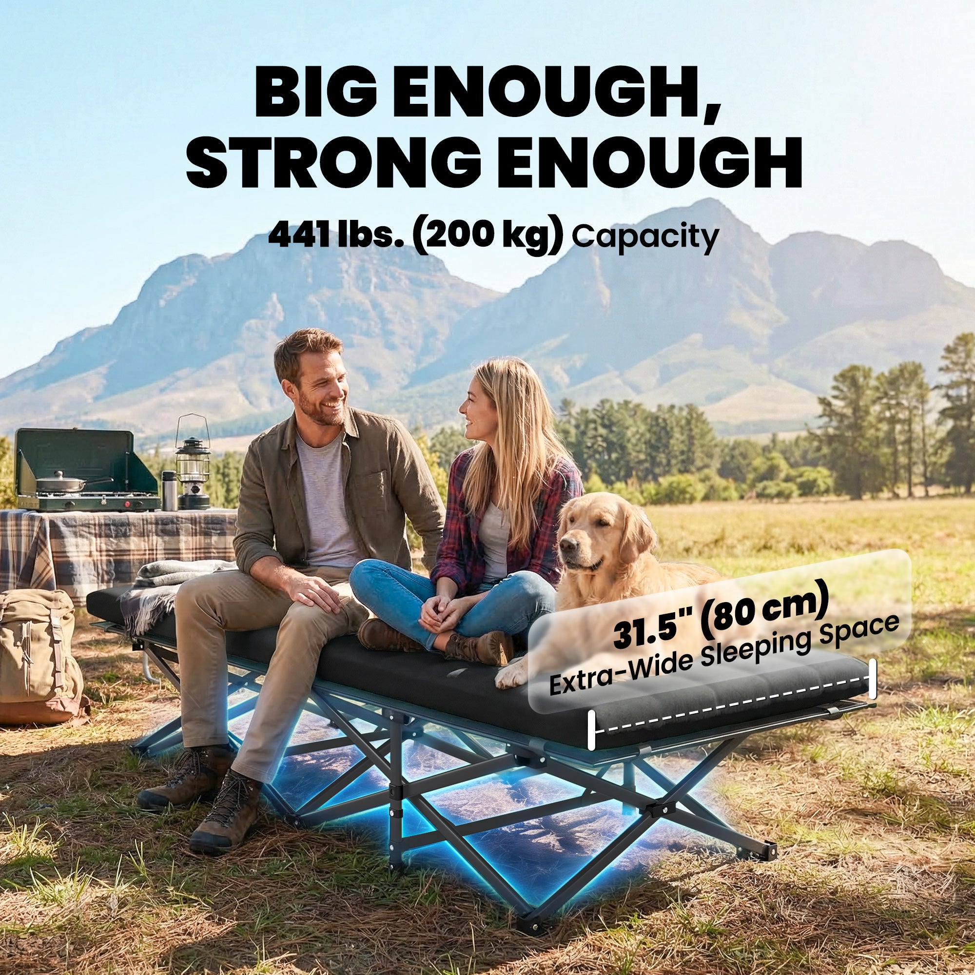 Folding Camping Cot with Carry Bag, 200 x 80 x 40 cm (78.7" x 31.5" x 15.7"), Up to 200 kg (441 lb) – Guest Bed for Adults, Indoor/Outdoor/Travel, Black