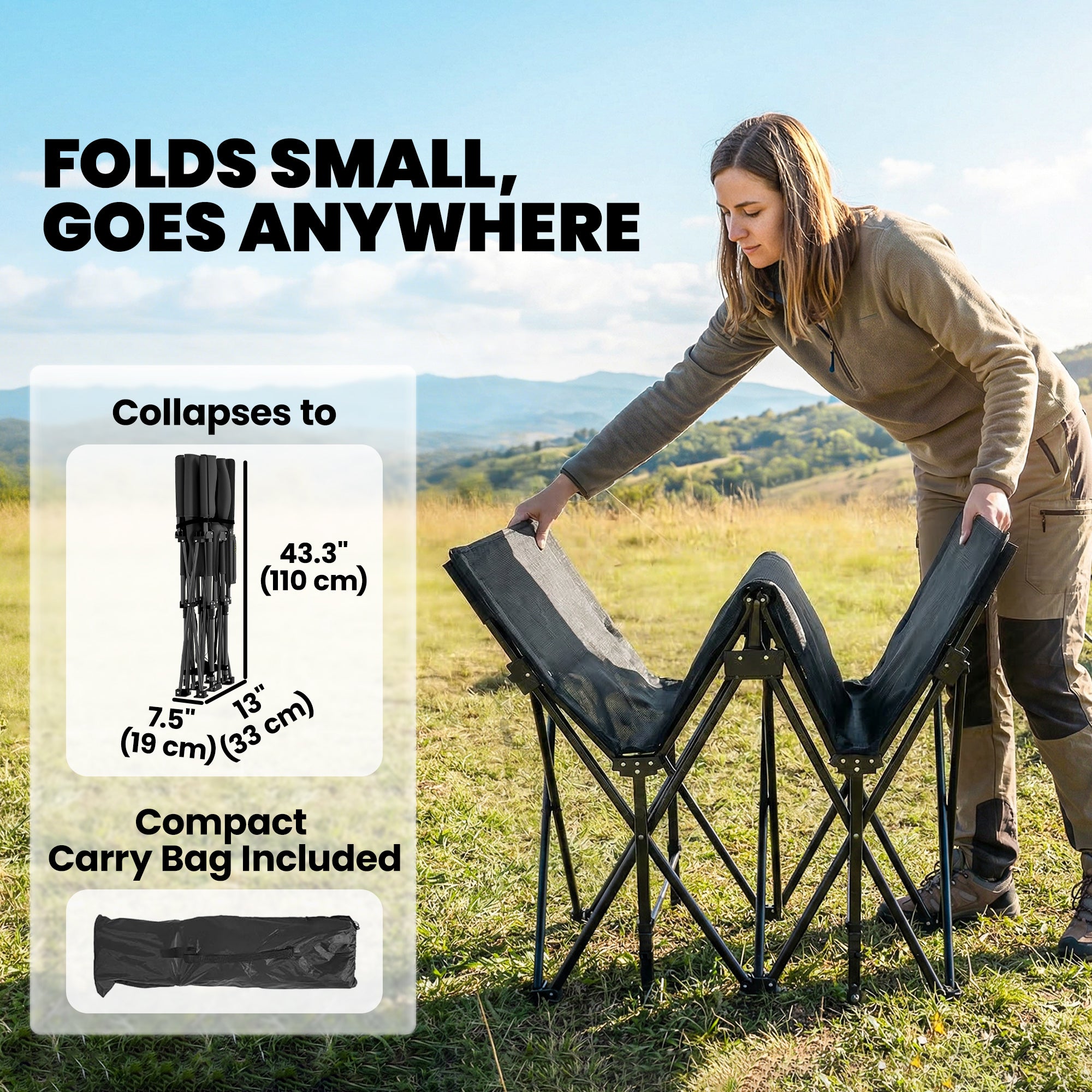 Folding Camping Cot with Carry Bag, 200 x 80 x 40 cm (78.7" x 31.5" x 15.7"), Up to 200 kg (441 lb) – Guest Bed for Adults, Indoor/Outdoor/Travel, Black
