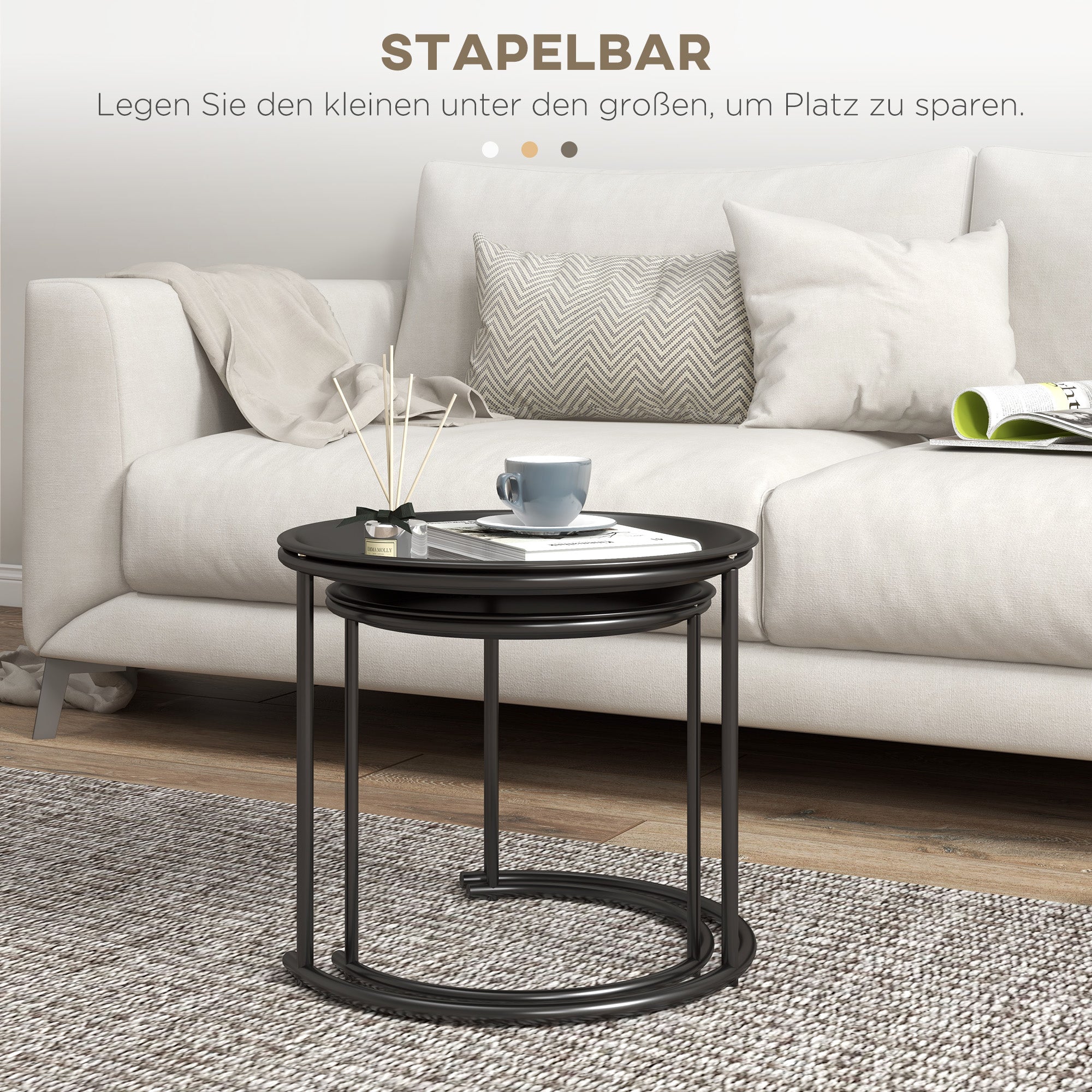 Round Coffee Table 2-Piece Set Stackable Living Room Table Side Table with Removable Tabletops Coffee Table Nesting Table with Metal Frame for Living Room Black
