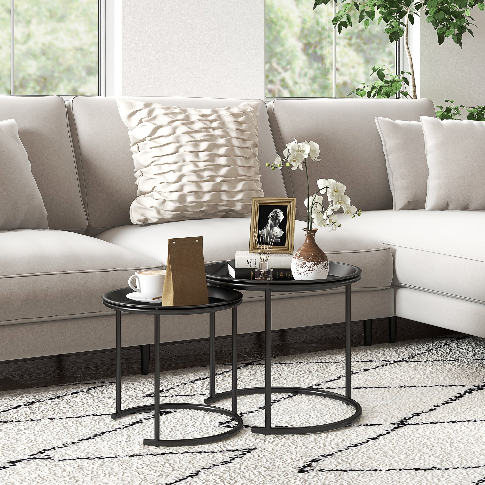 Round Coffee Table 2-Piece Set Stackable Living Room Table Side Table with Removable Tabletops Coffee Table Nesting Table with Metal Frame for Living Room Black