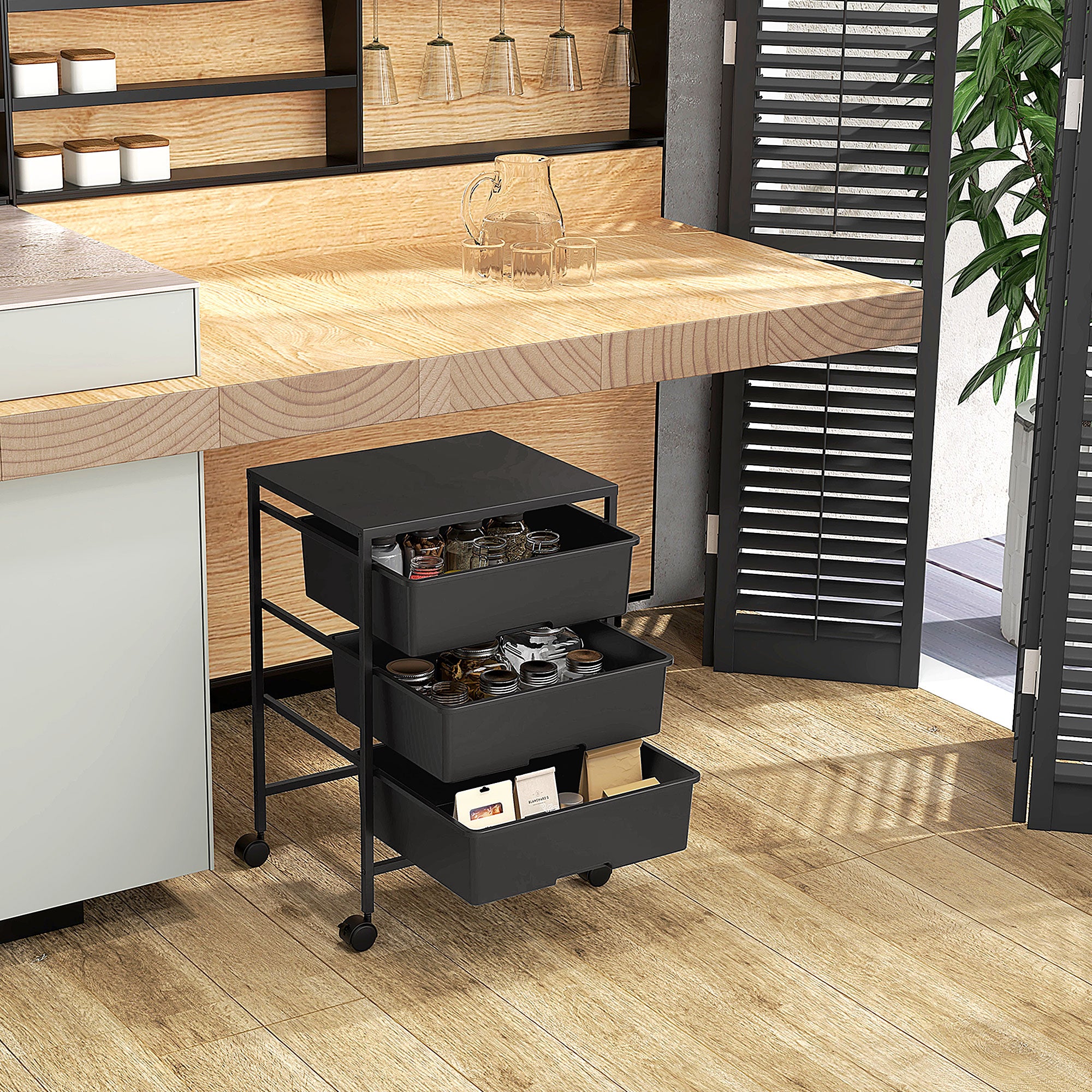 Serving Cart with 3 Levels Kitchen Trolley with Handle and Wheels Utility Cart with 3 Spacious Baskets Kitchen Shelf Kitchen Trolley for Kitchen Office Bathroom, Black