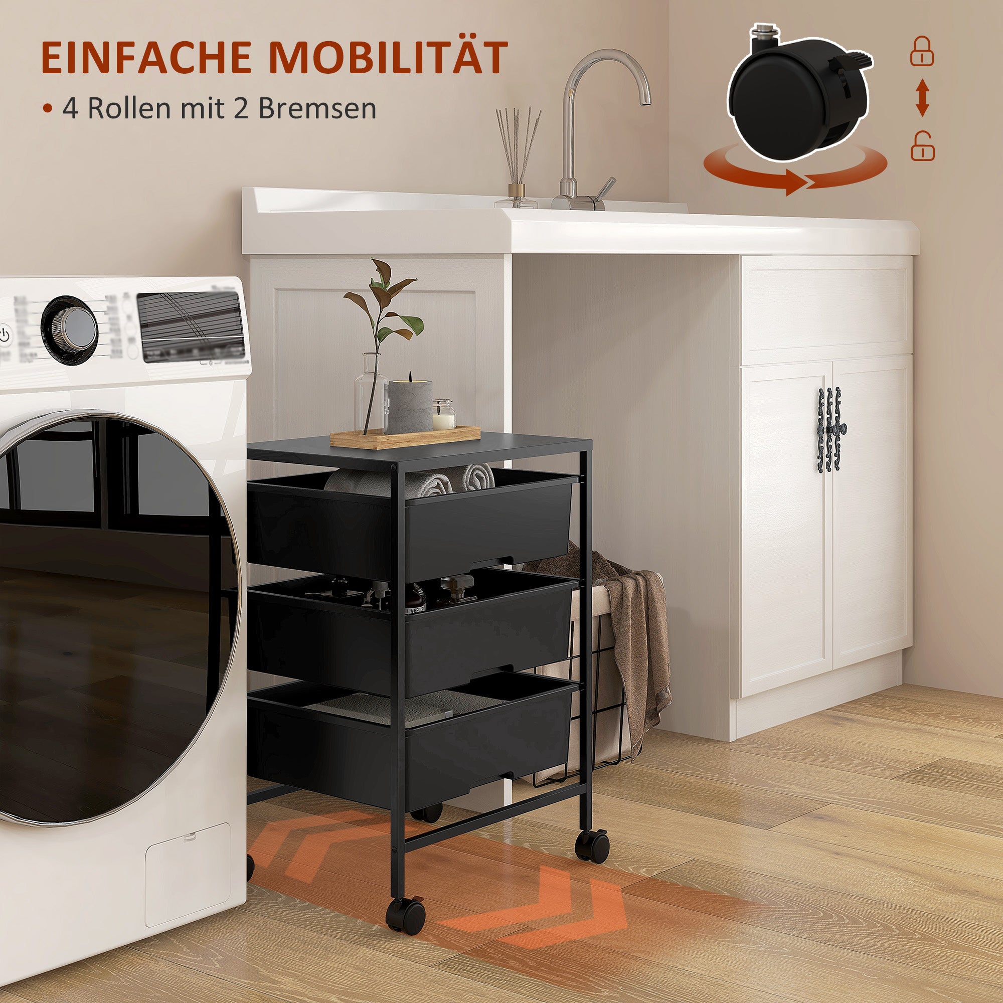 Serving Cart with 3 Levels Kitchen Trolley with Handle and Wheels Utility Cart with 3 Spacious Baskets Kitchen Shelf Kitchen Trolley for Kitchen Office Bathroom, Black