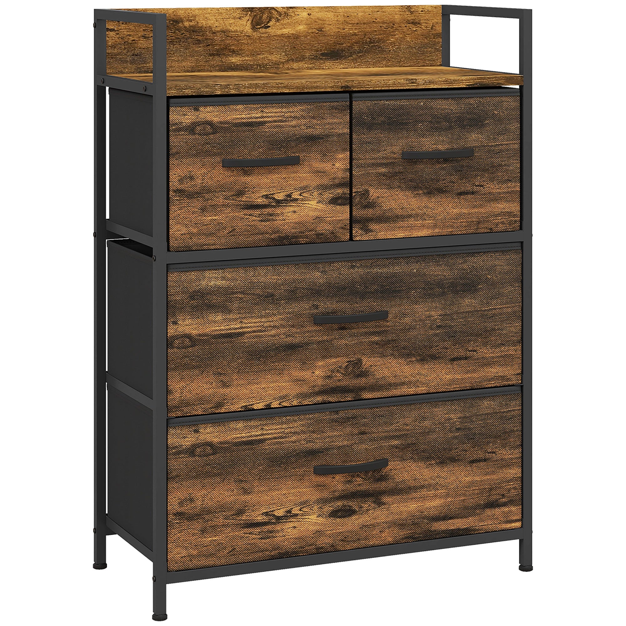 Fabric Storage Cabinet with 4 Drawers, Shelving Unit with Steel Frame Cupboard for Bedroom, Living Room Rustic Brown