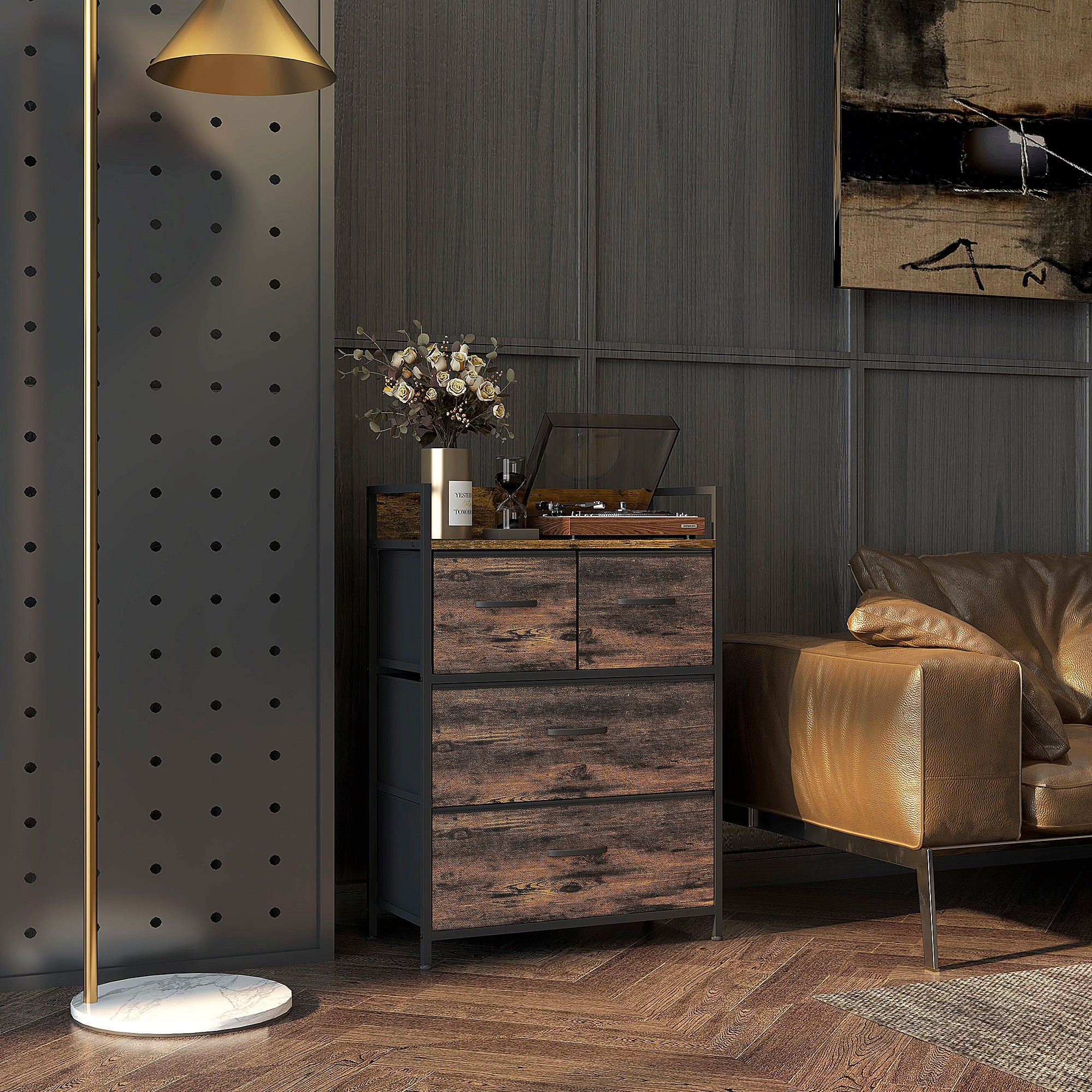 Fabric Storage Cabinet with 4 Drawers, Shelving Unit with Steel Frame Cupboard for Bedroom, Living Room Rustic Brown