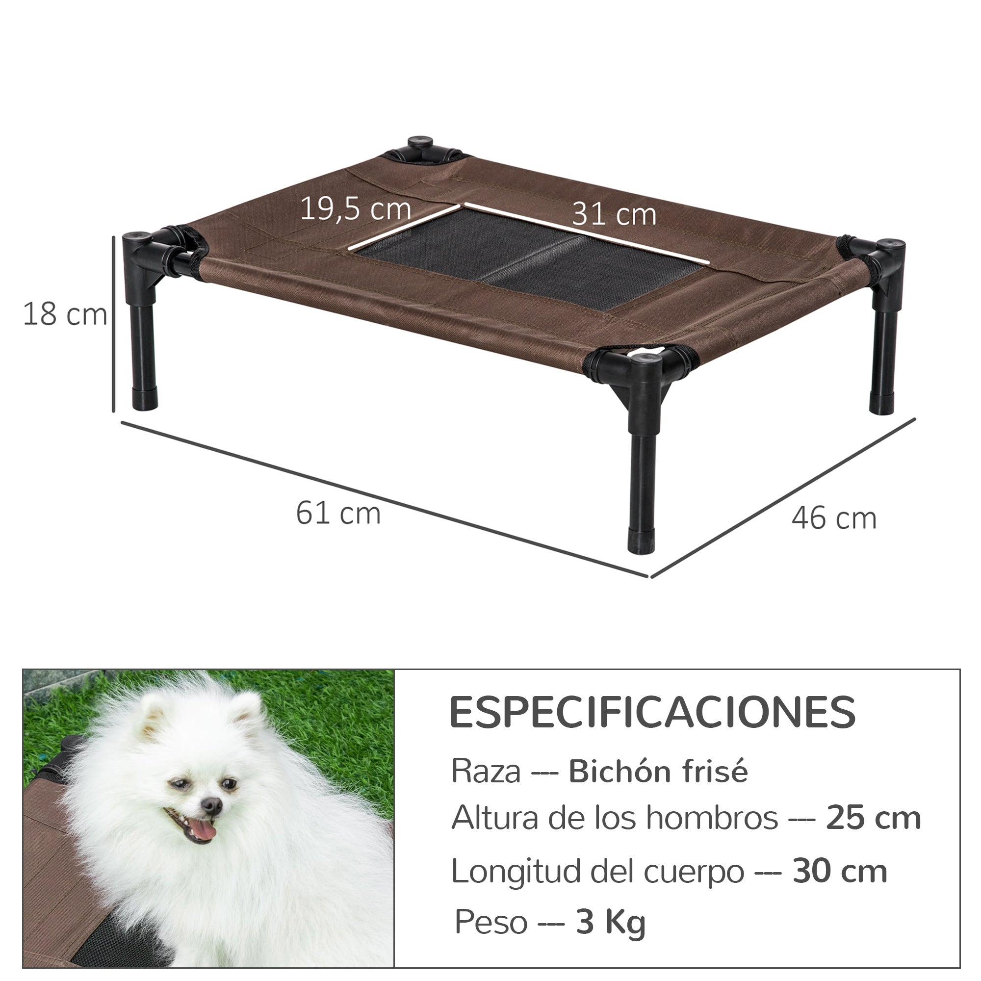 Portable Elevated Bed for Dogs Cats with Breathable Mesh and Oxford Fabric for Indoor Outdoor 61x46x18 cm Brown