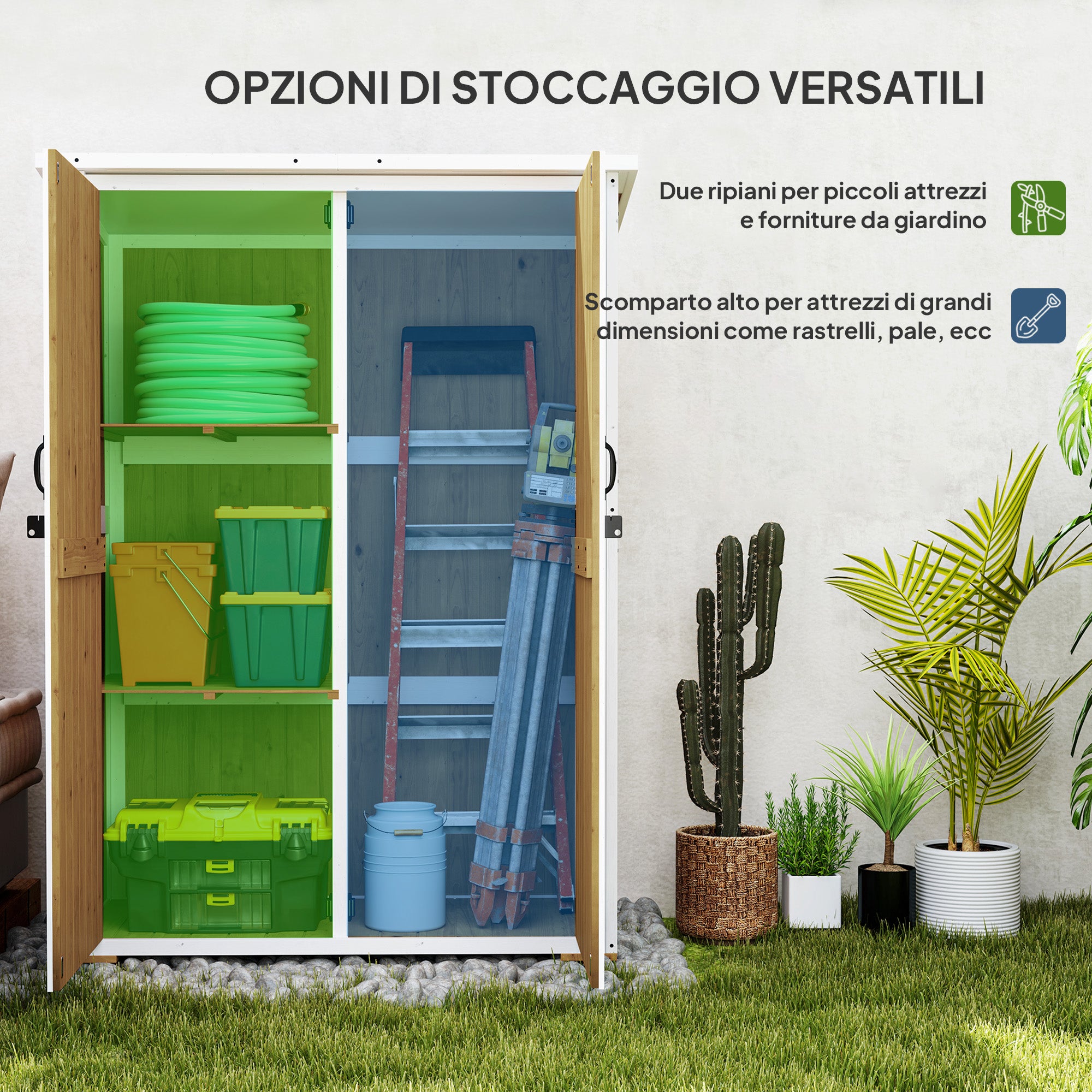 Garden Shed 0.55 m² with 2 Shelves, 2 Lockable Doors, Adjustable Feet, Tool Shed in Spruce Wood and Bitumen Roof, 116.5x57x159/167 cm, Brown and White