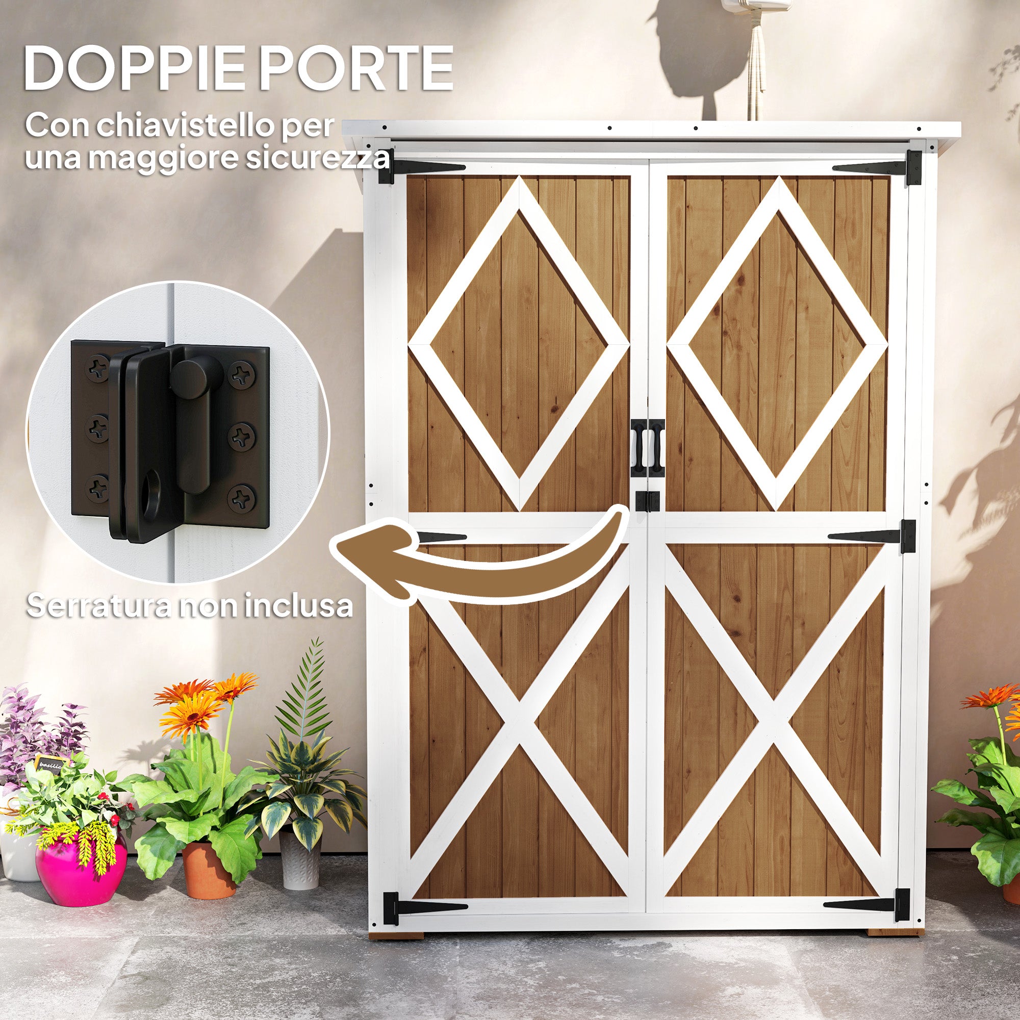 Garden Shed 0.55 m² with 2 Shelves, 2 Lockable Doors, Adjustable Feet, Tool Shed in Spruce Wood and Bitumen Roof, 116.5x57x159/167 cm, Brown and White