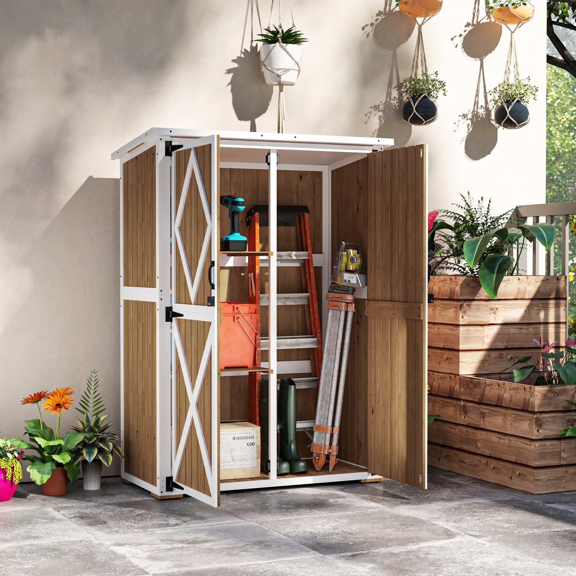 Garden Shed 0.55 m² with 2 Shelves, 2 Lockable Doors, Adjustable Feet, Tool Shed in Spruce Wood and Bitumen Roof, 116.5x57x159/167 cm, Brown and White