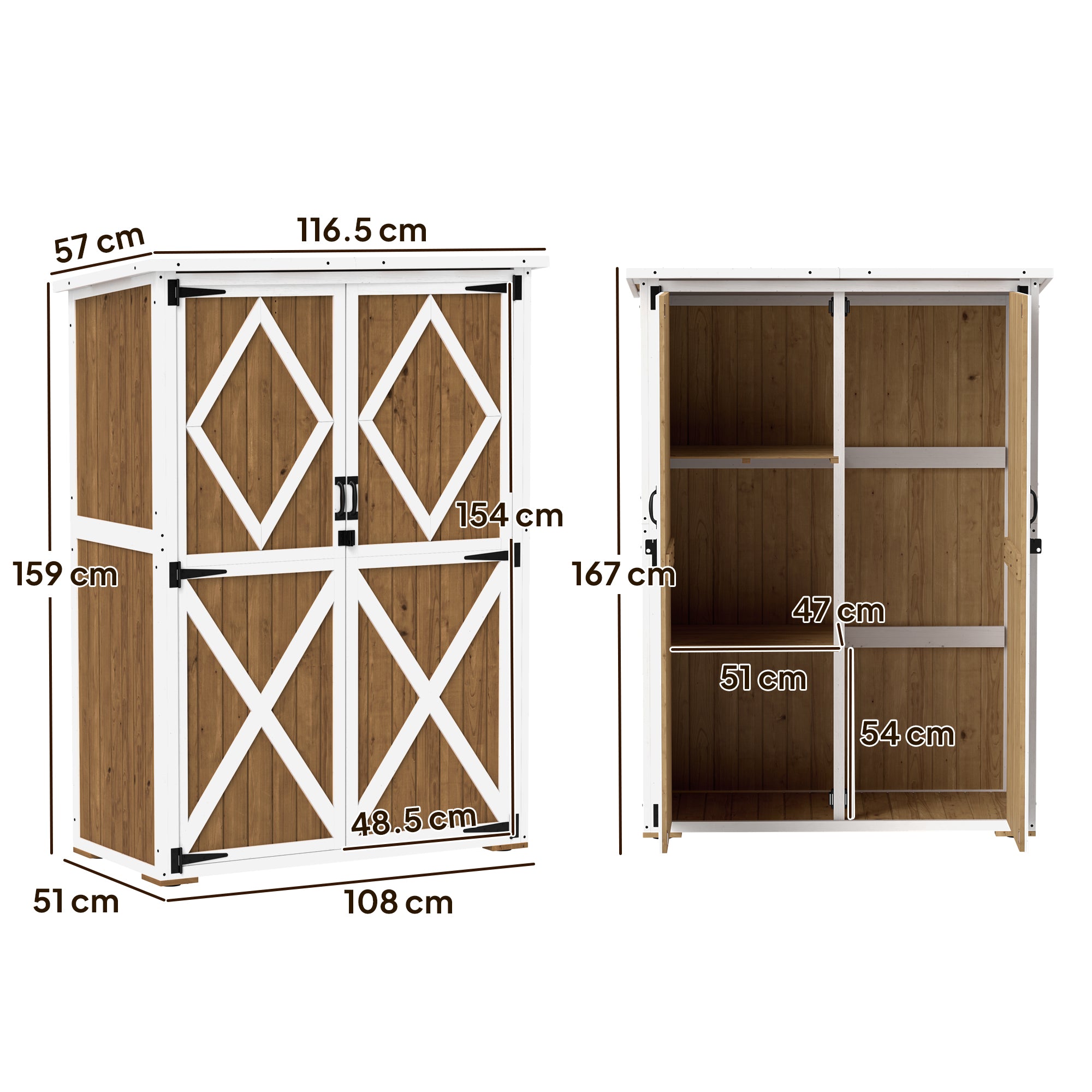 Garden Shed 0.55 m² with 2 Shelves, 2 Lockable Doors, Adjustable Feet, Tool Shed in Spruce Wood and Bitumen Roof, 116.5x57x159/167 cm, Brown and White