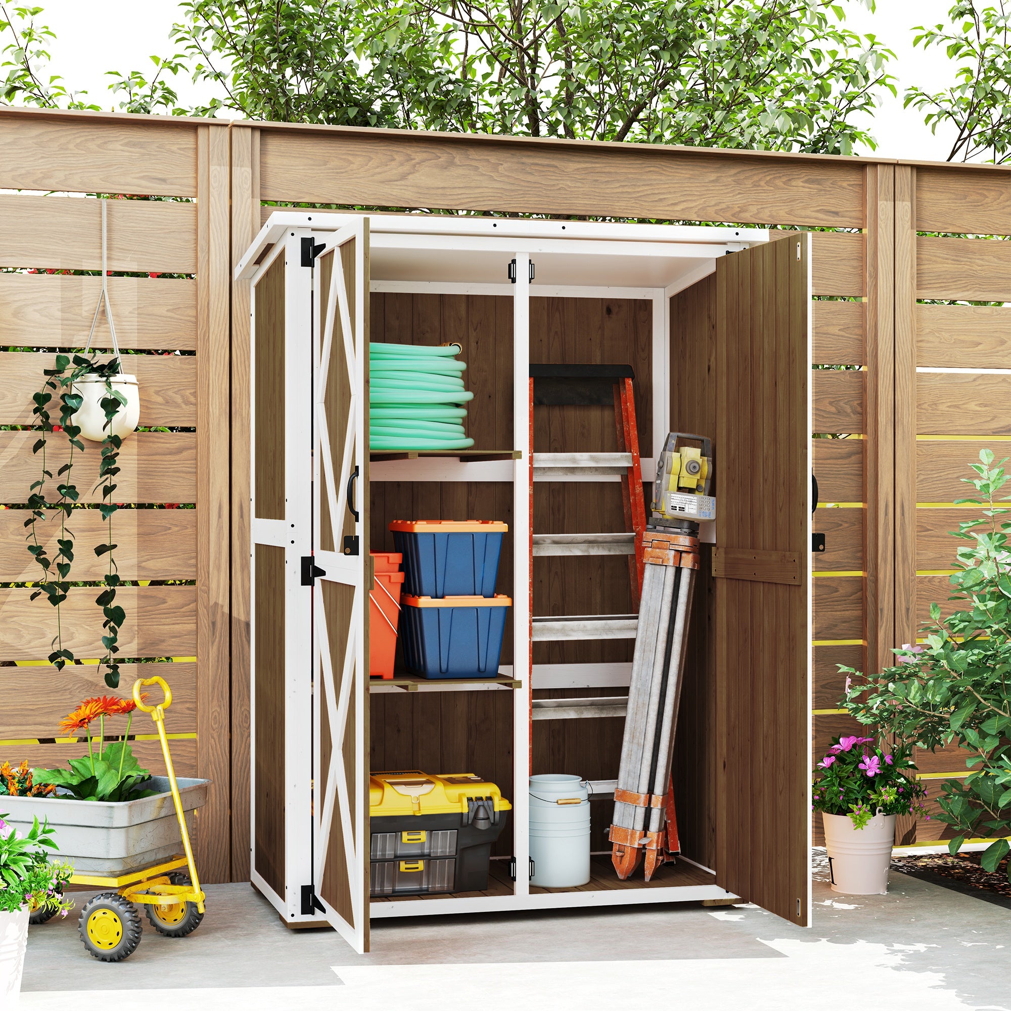 Garden Shed 0.55 m² with 2 Shelves, 2 Lockable Doors, Adjustable Feet, Tool Shed in Spruce Wood and Bitumen Roof, 116.5x57x159/167 cm, Brown and White