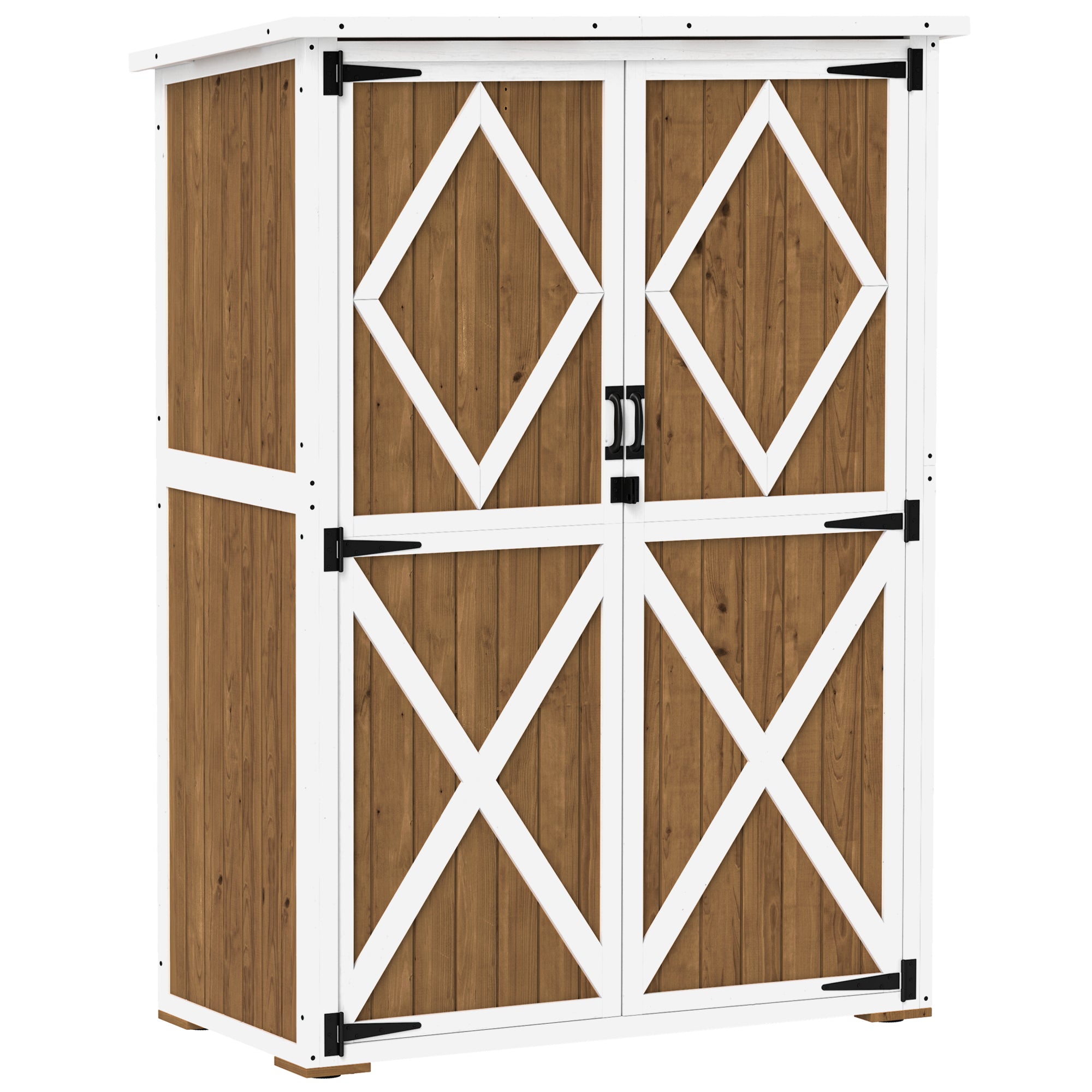 Garden Shed 0.55 m² with 2 Shelves, 2 Lockable Doors, Adjustable Feet, Tool Shed in Spruce Wood and Bitumen Roof, 116.5x57x159/167 cm, Brown and White