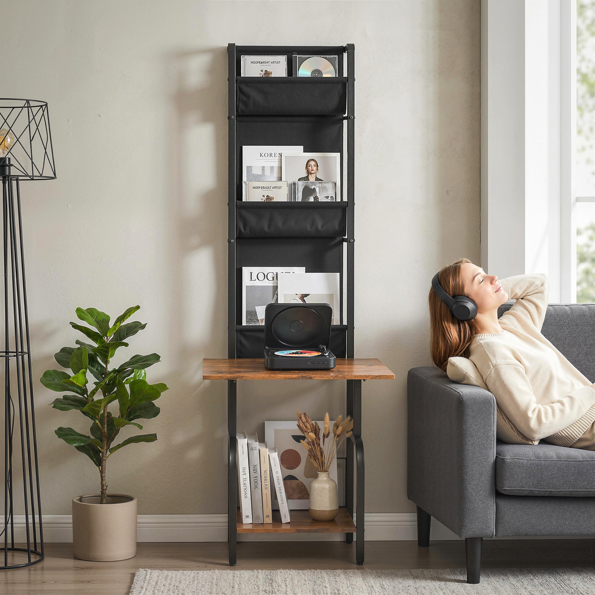 CD/DVD/Blu-ray Rack with 3 Fabric Pockets & Table — Industrial Media Shelf, Rustic Brown/Black (19.7 x 19.1 x 56.7 in)