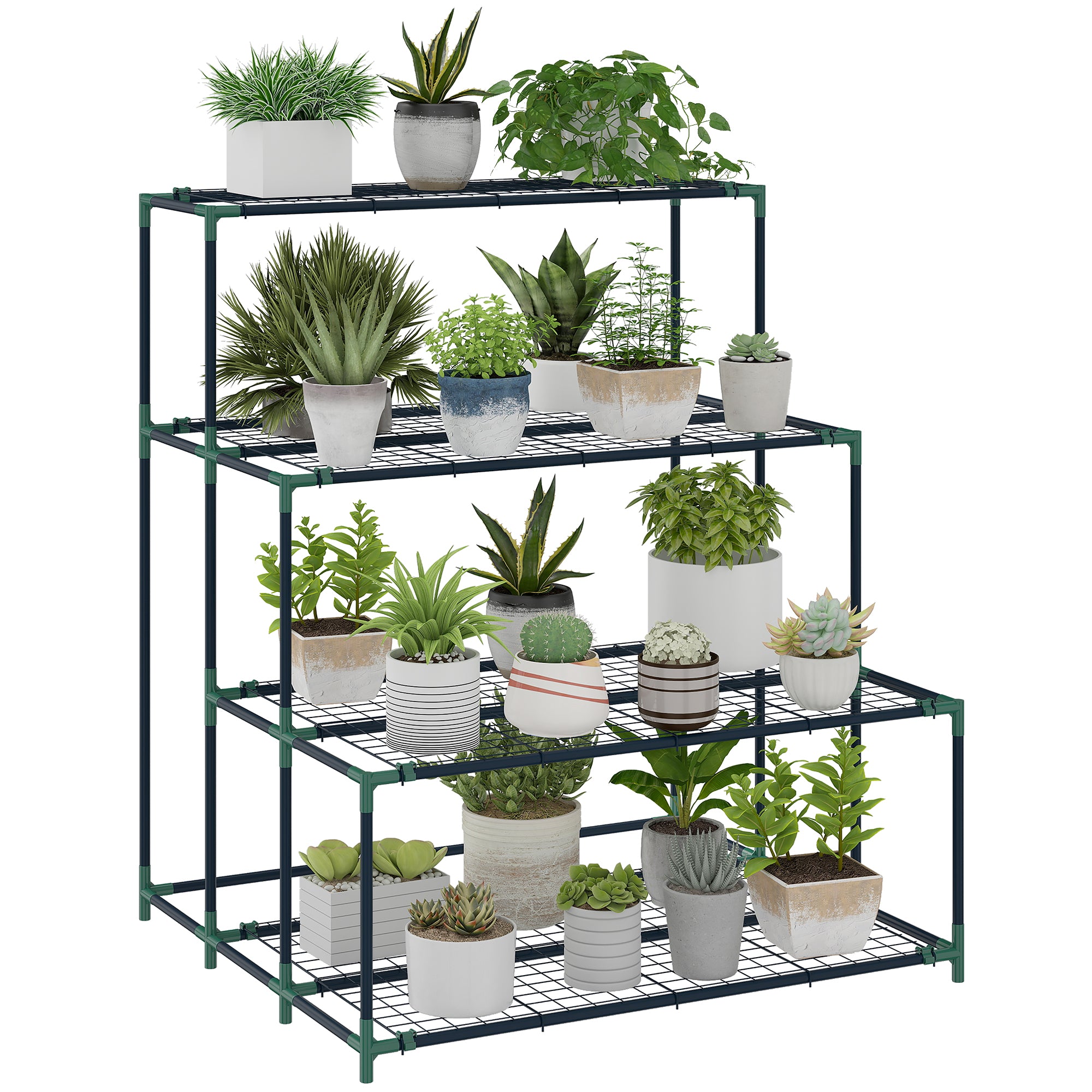 4-Tier Plant Stand, 43.3 in Tall Flower Rack with 24 Clips, Steel Multi-Level Plant Shelf for Garden & Balcony, Dark Green