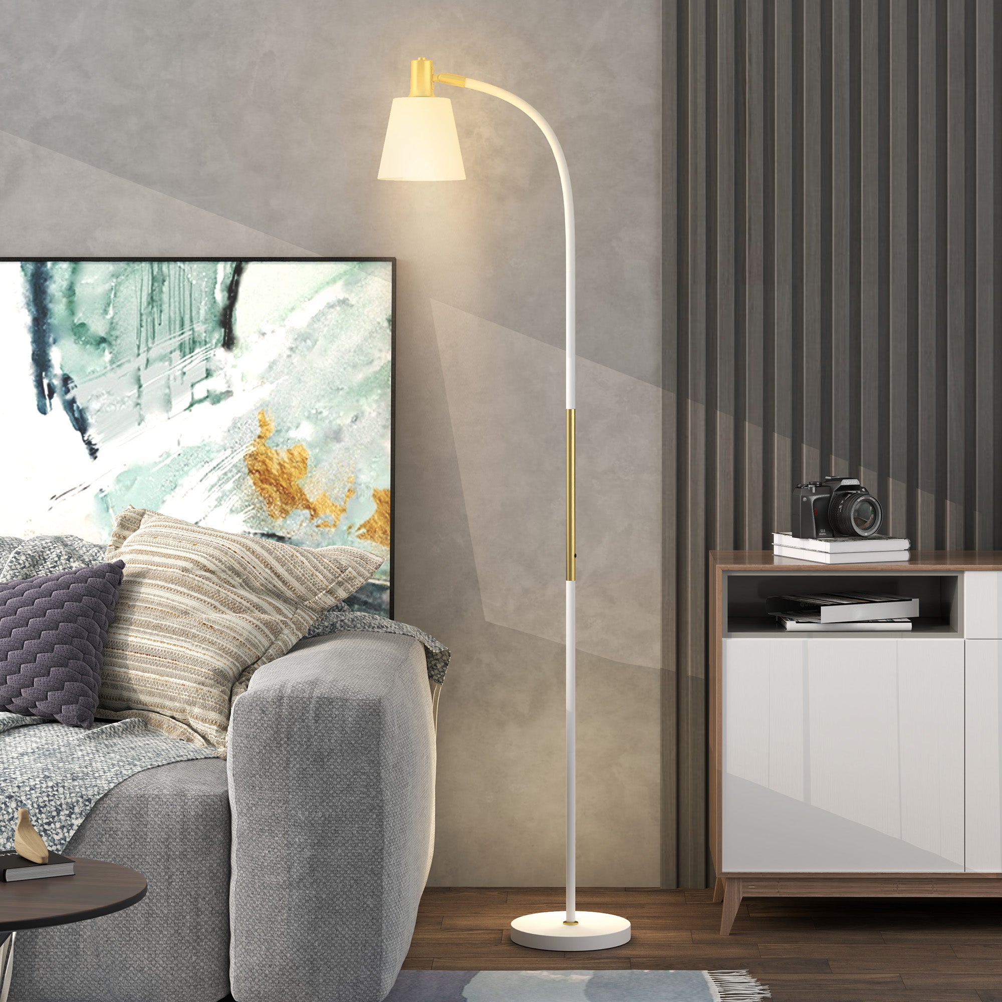LED Floor Lamp Living Room Floor Lamp with Adjustable Height Swivel Shade Switch for Living Room Office Bedroom White and Gold