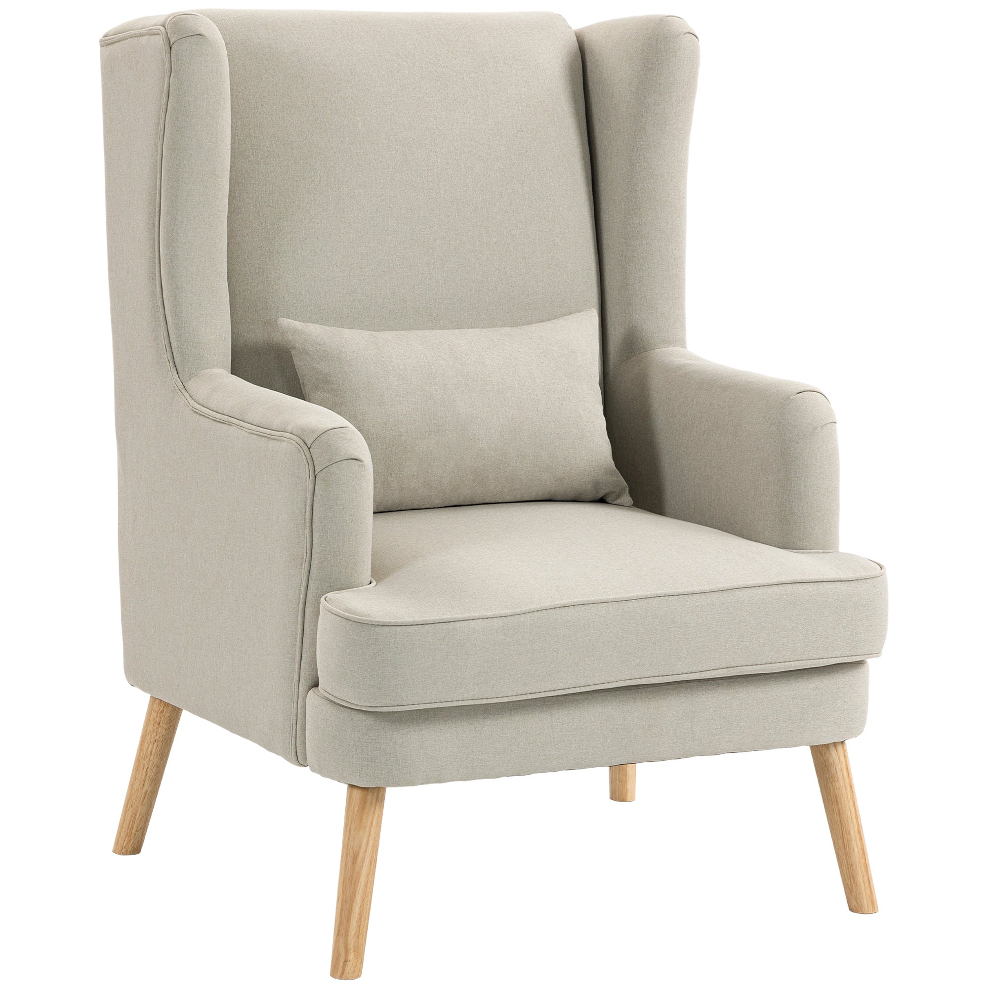 Wing Armchair with Lumbar Pillow — High-Back, Wide Seat, Linen-Look Scandinavian Lounge Chair for Living Room & Bedroom, Beige