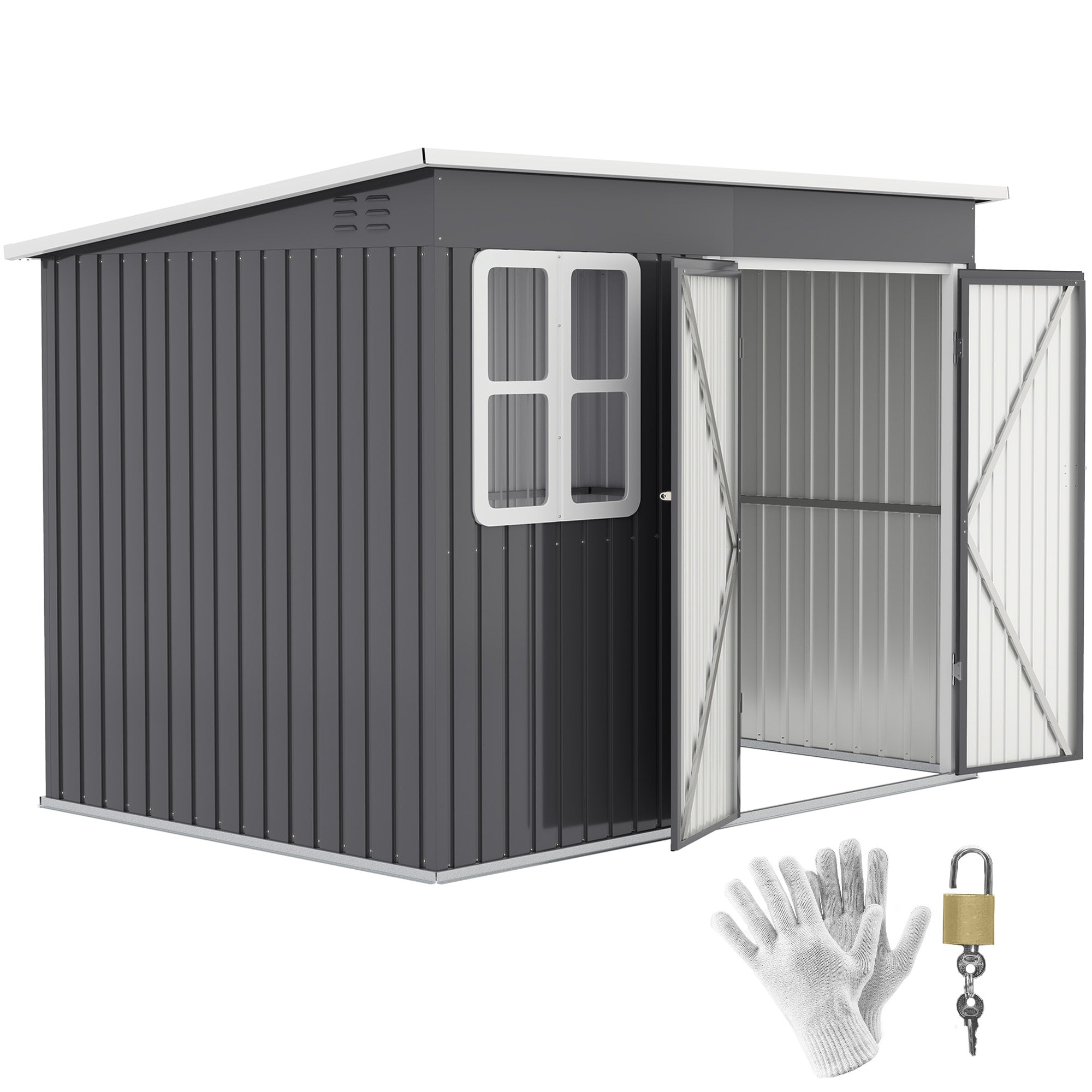 Metal Tool Shed 4.13 m² 260 x 177 x 190 cm Storage Shed with Window Pent Roof Lockable Door Weatherproof Garden House Outdoor Garden Shed Cabinet for Backyard Exterior Dark Gray