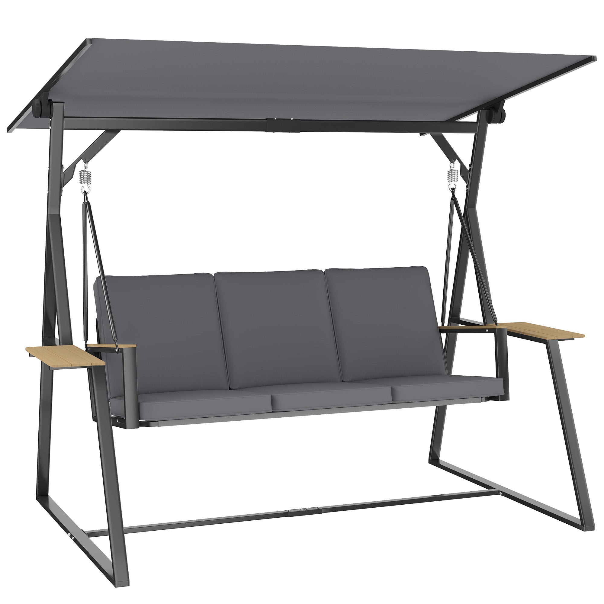 3-Seat Garden Swing with Adjustable UPF50+ Canopy, 2 Side Trays, Cushions & Metal Frame — For Balcony, Patio, Terrace — Holds 360 kg (794 lb), 222 x 131 x 175 cm, Charcoal
