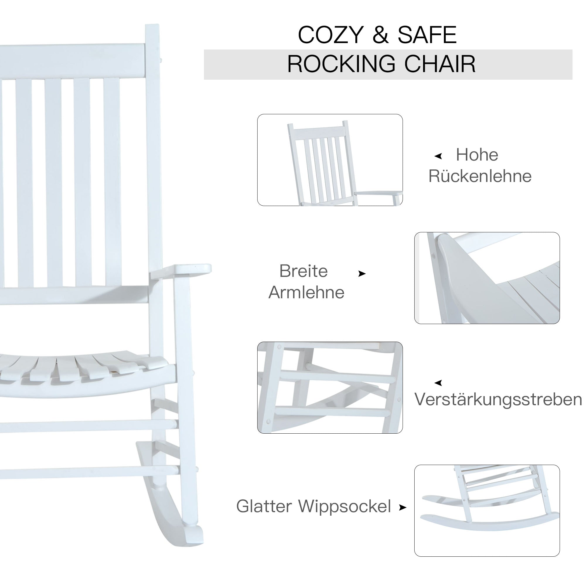 Wooden Rocking Chair with Armrest Swing Chair Relax Chair Garden Chair White 69 x 86 x 115 cm