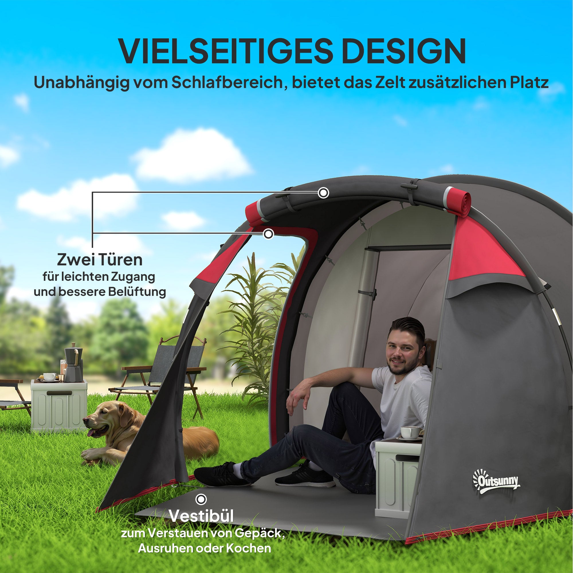 Camping Tent for 2-3 People Sturdy Waterproof Family Tent with Two Sleeping Cabins Vestibule with Standing Height, Dome Tent with 2000mm Water Column Tunnel Tent for Camping Travel, Dark Gray