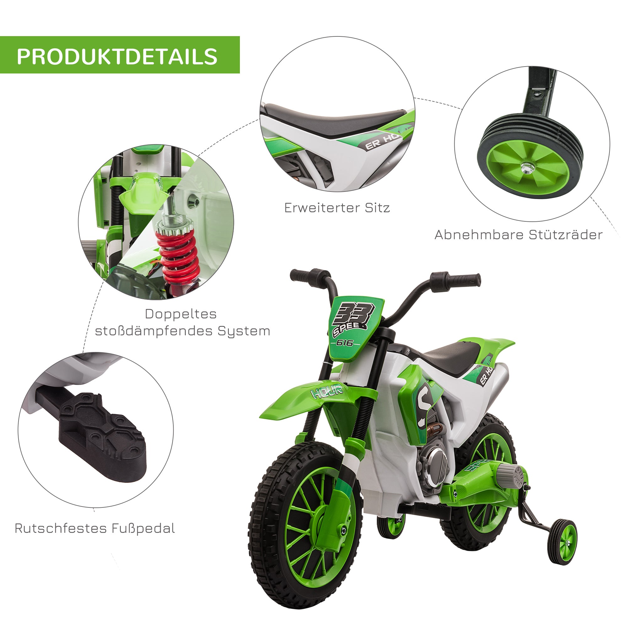 Kids Electric Motorbike Child Motorcycle 12V Kids Vehicle Electric Vehicle with 2 Removable Training Wheels for Kids 3 Years and Up Metal Green+White 106.5 x 51.5 x 68 cm