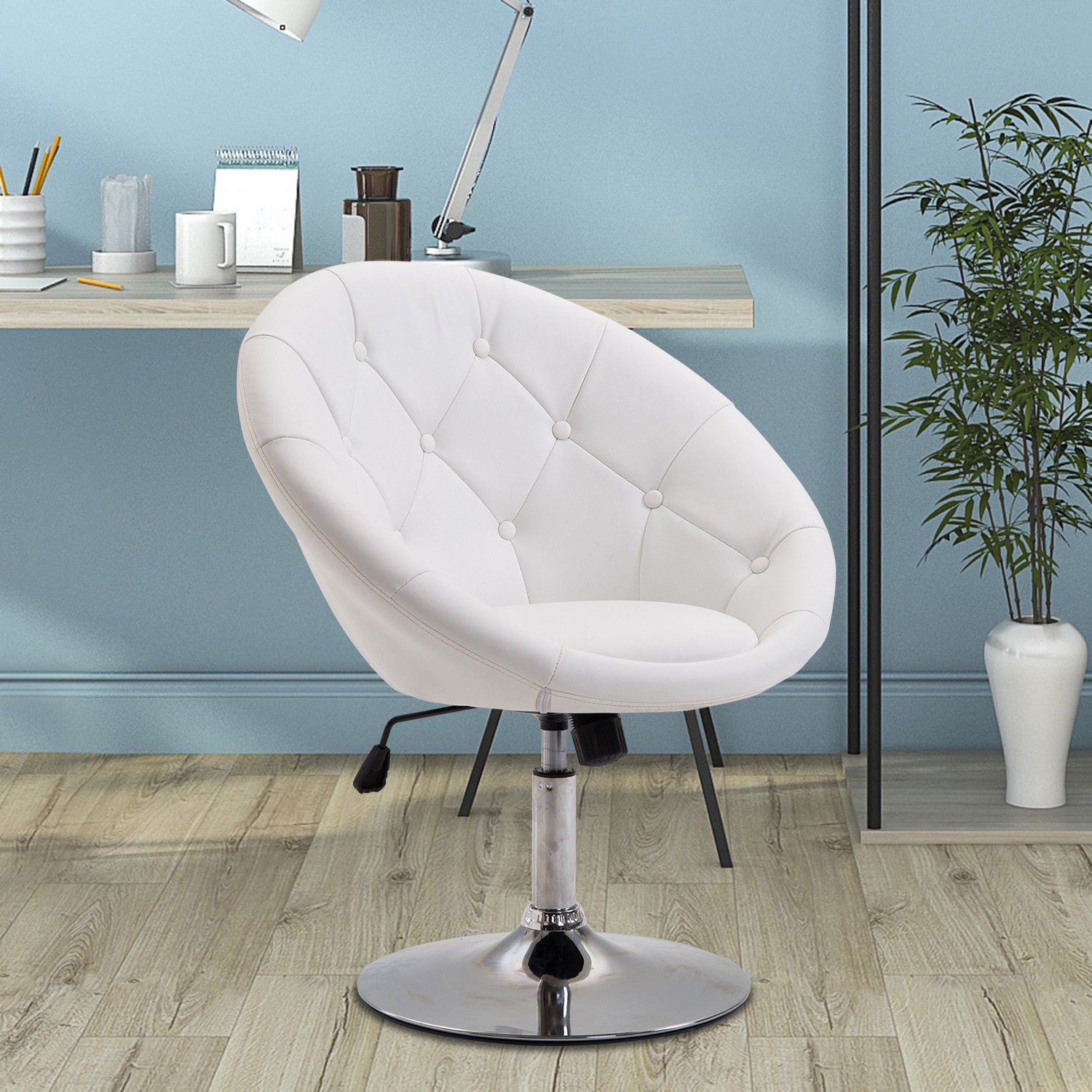 Work Stool Swivel Chair Office Chair chrome-plated adjustable in height, Faux Leather + Steel, Black/White, 71x59x78-90cm (White)