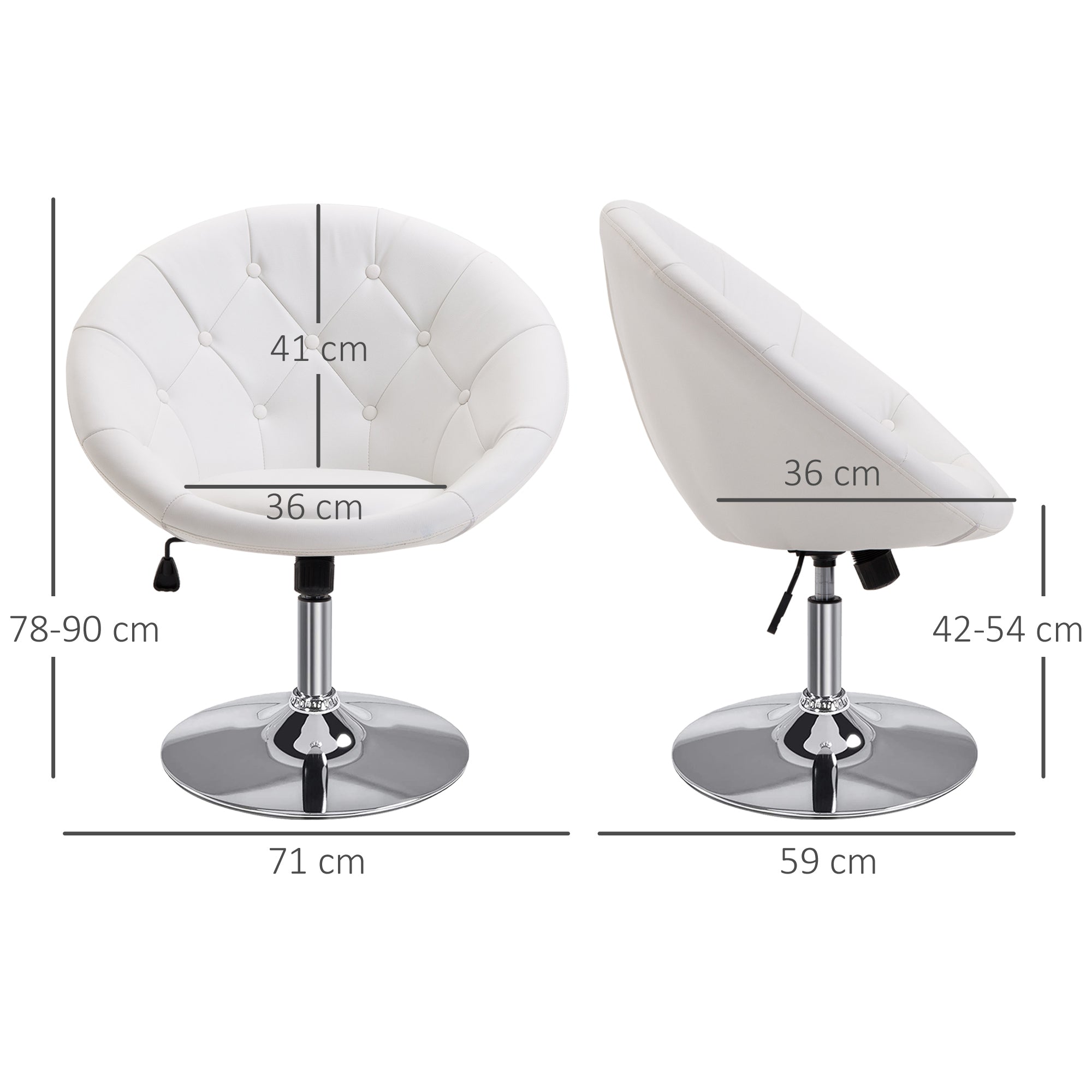 Work Stool Swivel Chair Office Chair chrome-plated adjustable in height, Faux Leather + Steel, Black/White, 71x59x78-90cm (White)