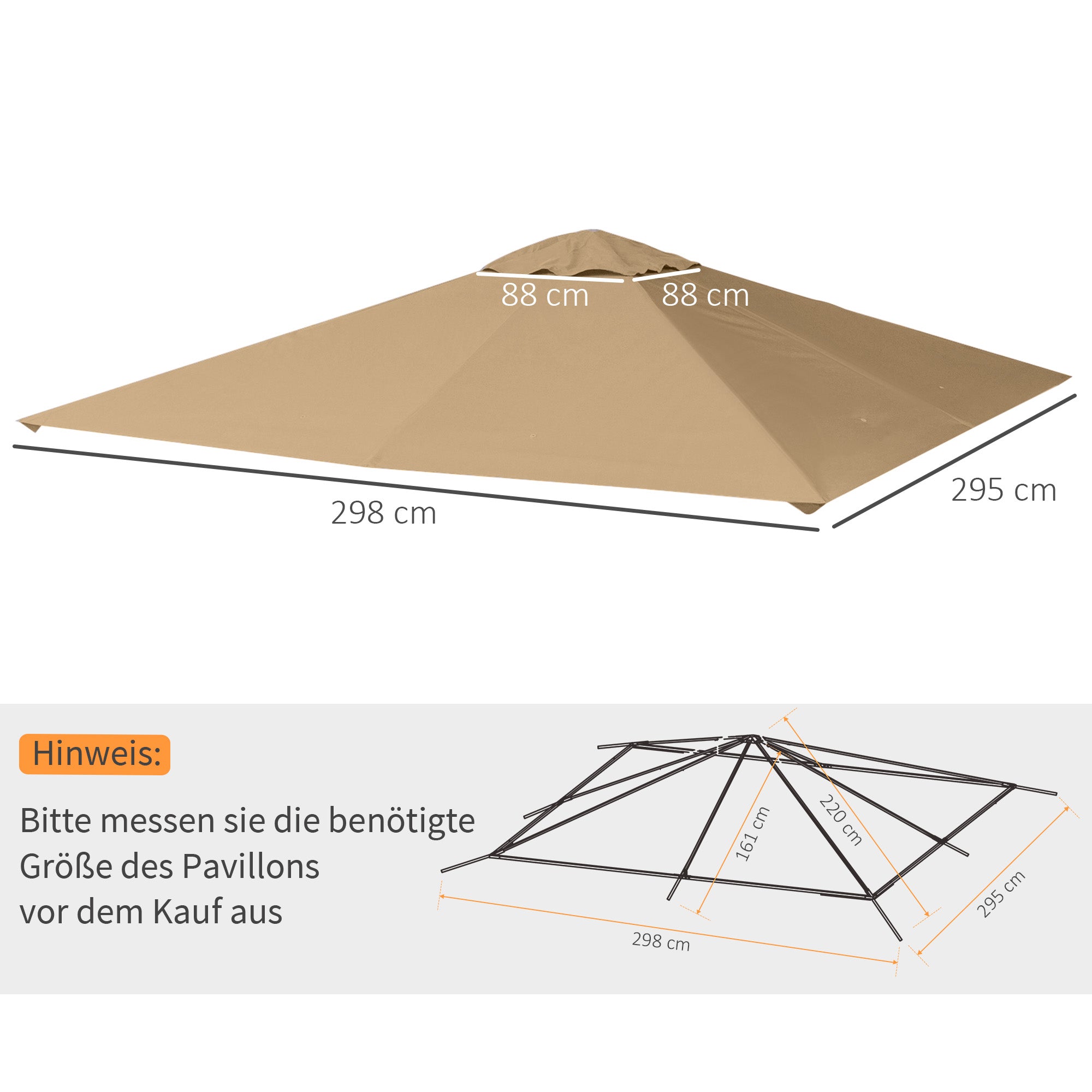 Pavilion Canopy for Garden Pavilion approx. 3 x 3 m, water-repellent, replacement canopy, pavilion cover, sun protection, 8 water drainage holes, Polyester, Beige