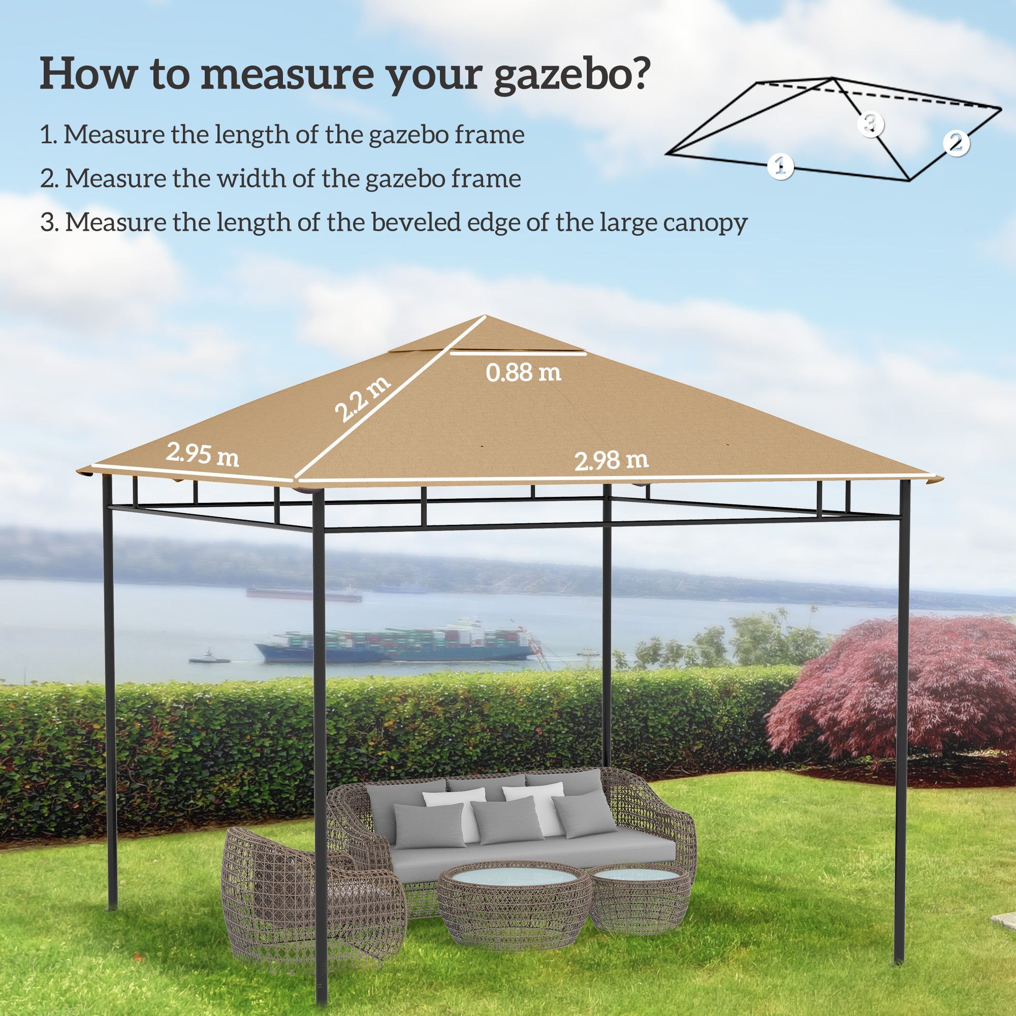 Pavilion Canopy for Garden Pavilion approx. 3 x 3 m, water-repellent, replacement canopy, pavilion cover, sun protection, 8 water drainage holes, Polyester, Beige