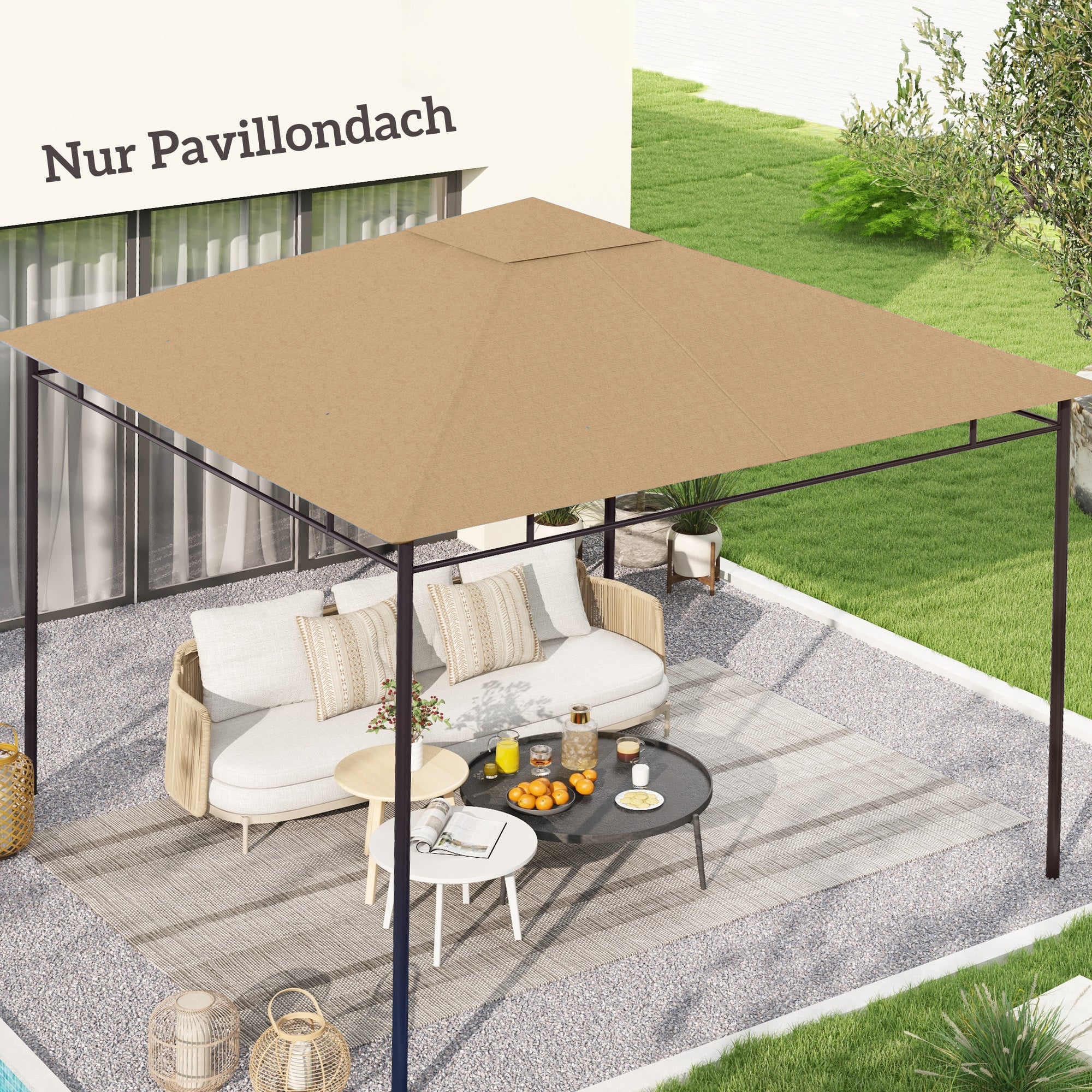 Pavilion Canopy for Garden Pavilion approx. 3 x 3 m, water-repellent, replacement canopy, pavilion cover, sun protection, 8 water drainage holes, Polyester, Beige
