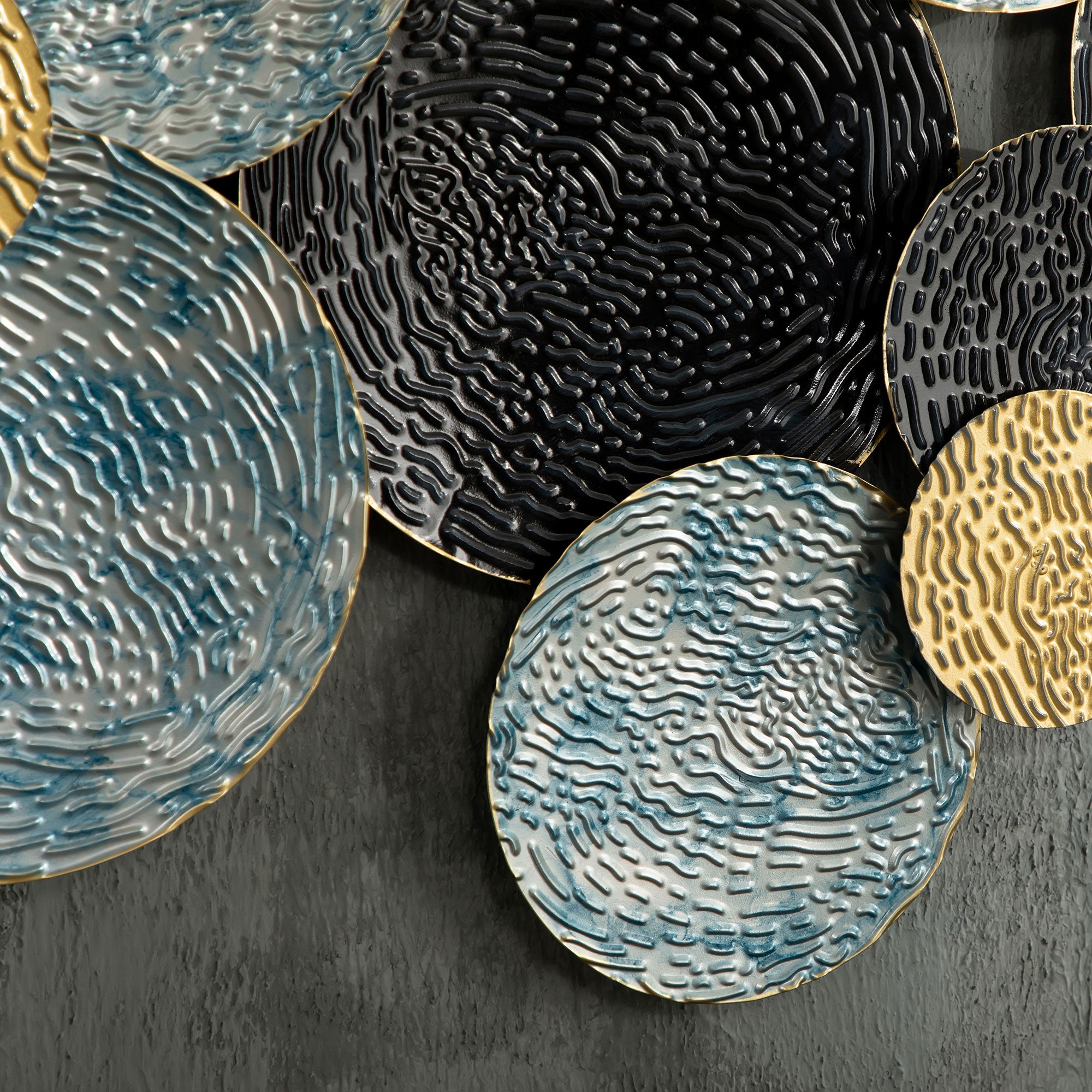 Metal Wall Decoration, 3D Wall Art Circles with Embossed Coating, Vintage, 133x66cm, Blue, Black, and Gold