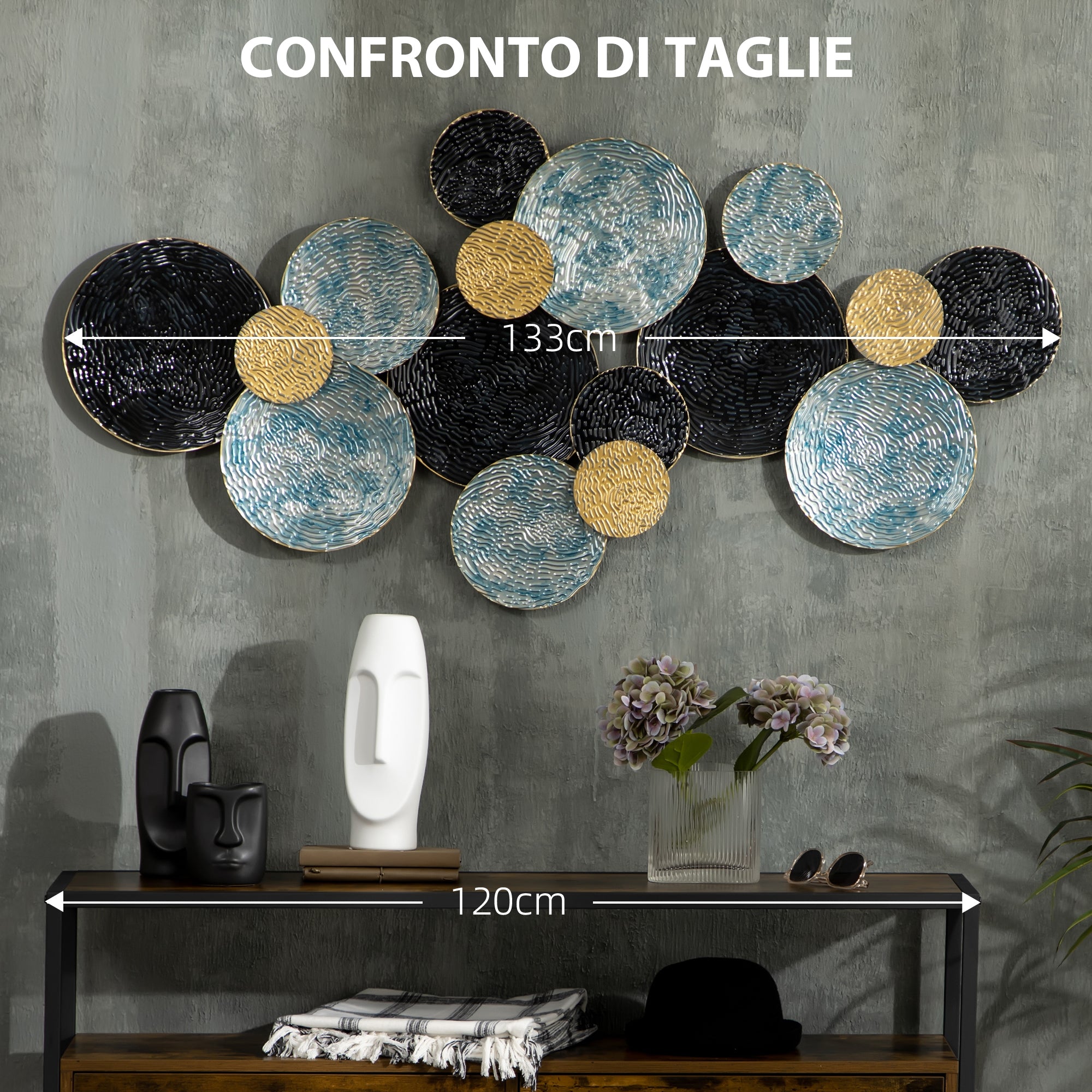 Metal Wall Decoration, 3D Wall Art Circles with Embossed Coating, Vintage, 133x66cm, Blue, Black, and Gold