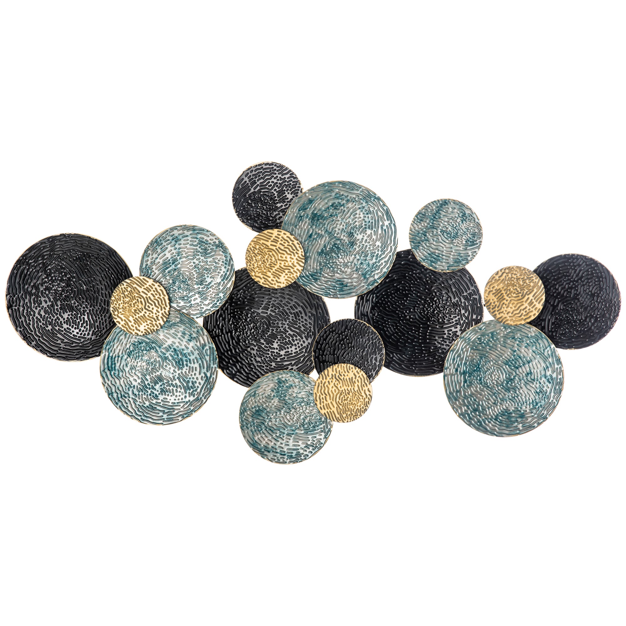 Metal Wall Decoration, 3D Wall Art Circles with Embossed Coating, Vintage, 133x66cm, Blue, Black, and Gold