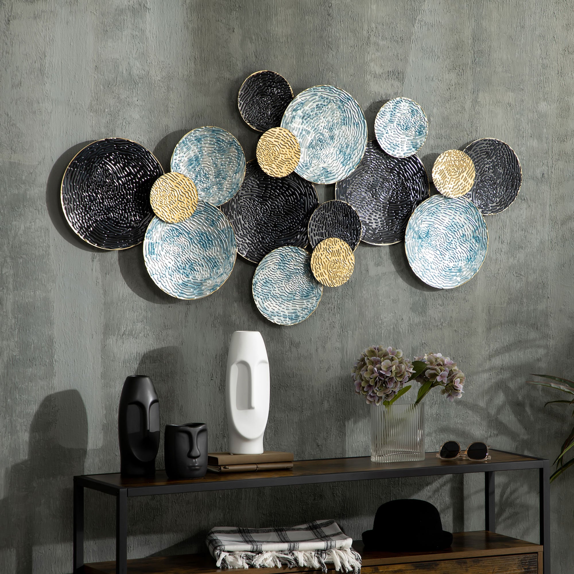 Metal Wall Decoration, 3D Wall Art Circles with Embossed Coating, Vintage, 133x66cm, Blue, Black, and Gold