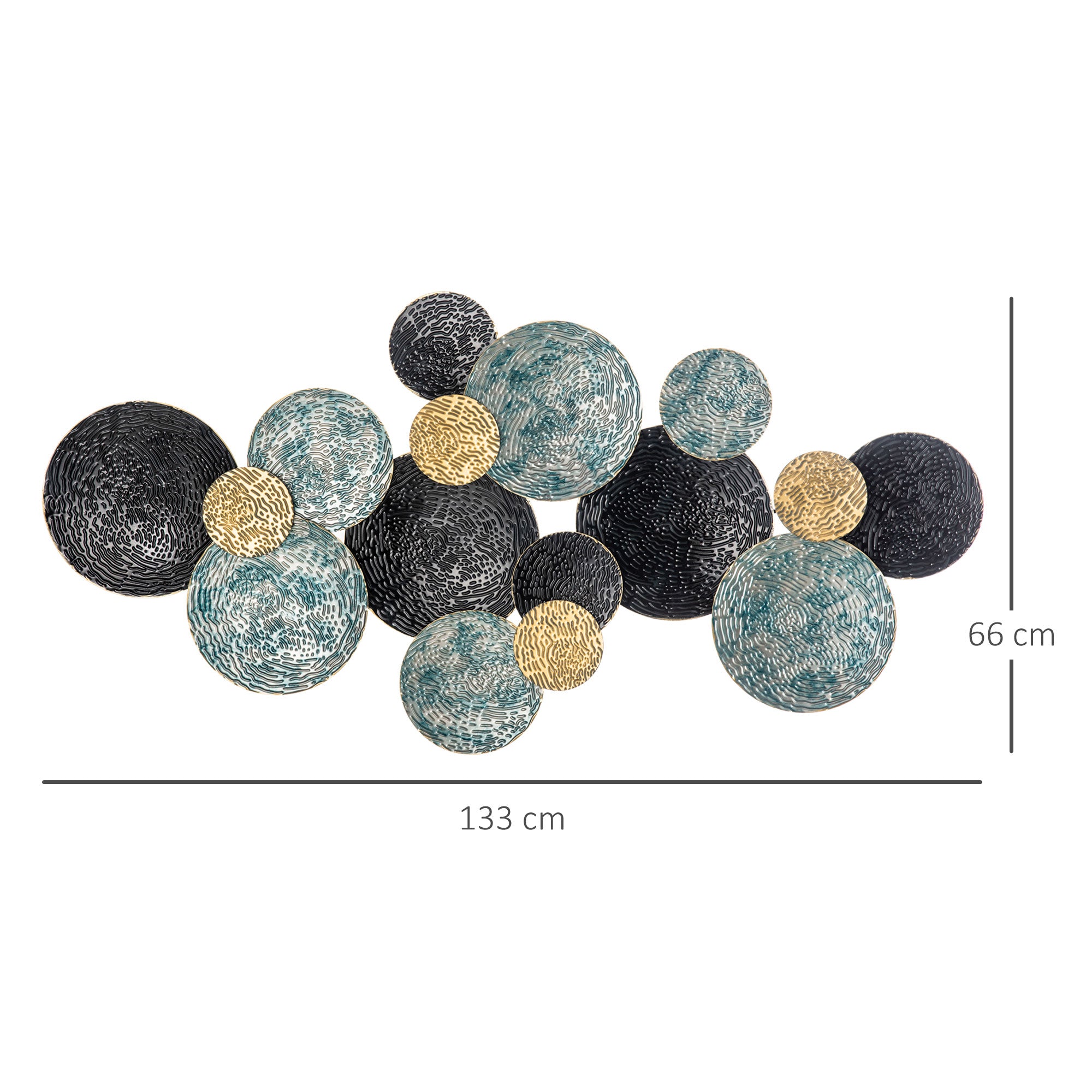 Metal Wall Decoration, 3D Wall Art Circles with Embossed Coating, Vintage, 133x66cm, Blue, Black, and Gold