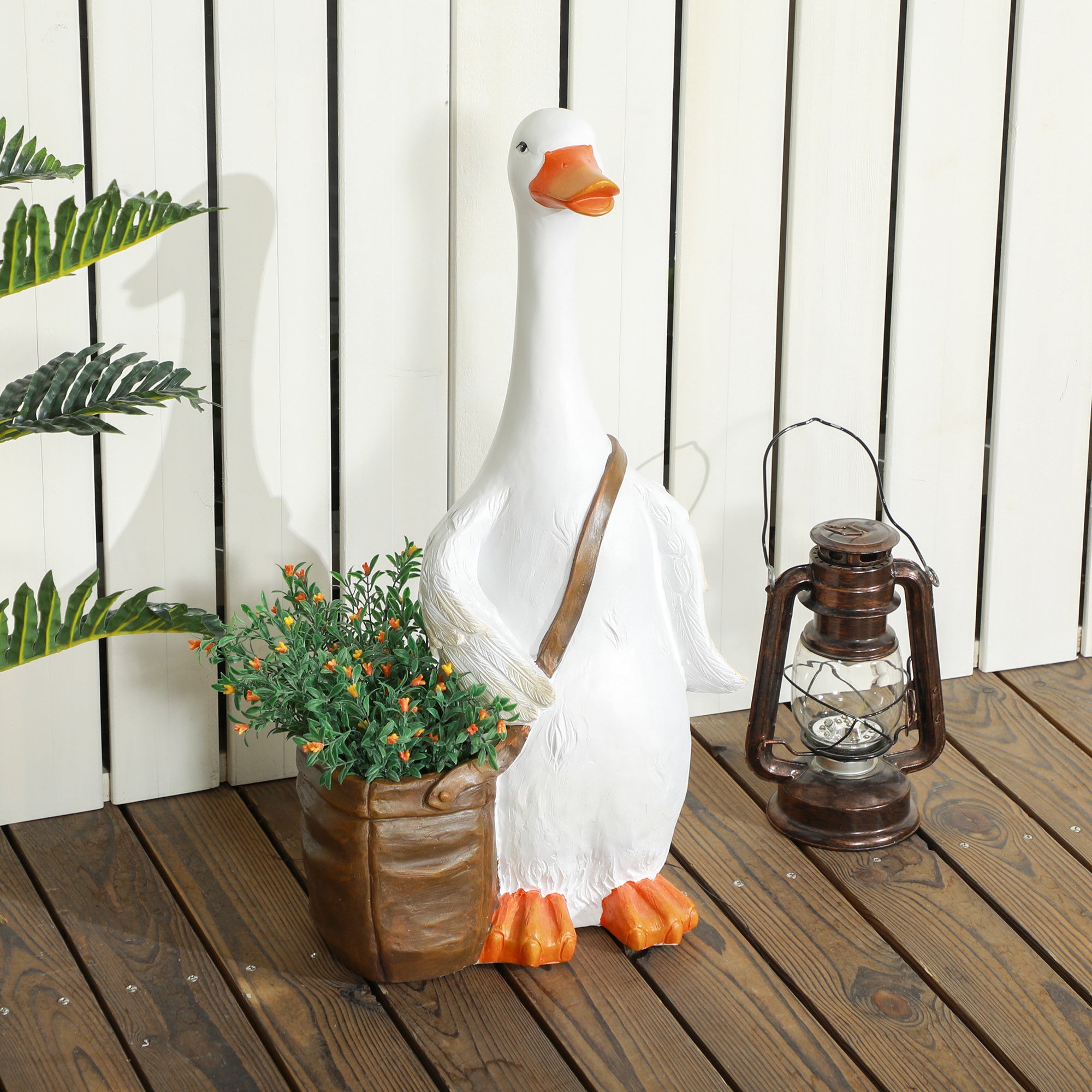 Plant Pot, Flower Pot with "Swan with Satchel" Design, Planter with Drainage Hole, Herb Pot for Indoor, Outdoor, Resin