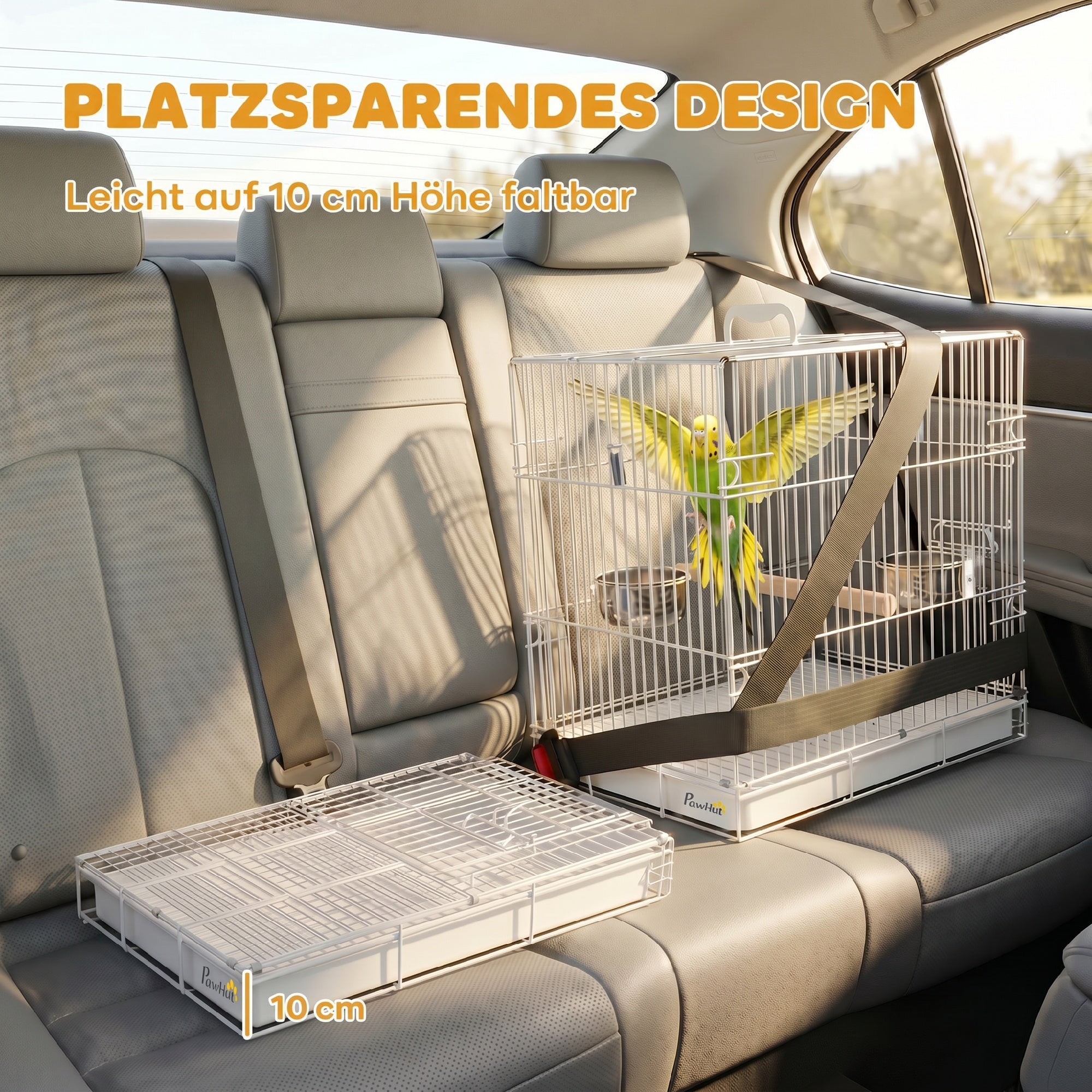 Collapsible Bird Cage with Wooden Perch, 2 Stainless Bowls & Carry Handle — Steel Cage with Removable Tray for Budgies & Cockatiels, White, 49 x 31 x 40 cm (19.3 x 12.2 x 15.7 in)