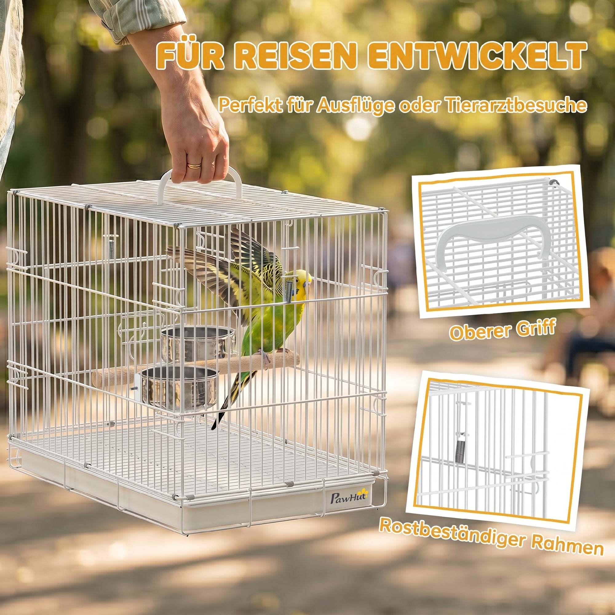 Collapsible Bird Cage with Wooden Perch, 2 Stainless Bowls & Carry Handle — Steel Cage with Removable Tray for Budgies & Cockatiels, White, 49 x 31 x 40 cm (19.3 x 12.2 x 15.7 in)